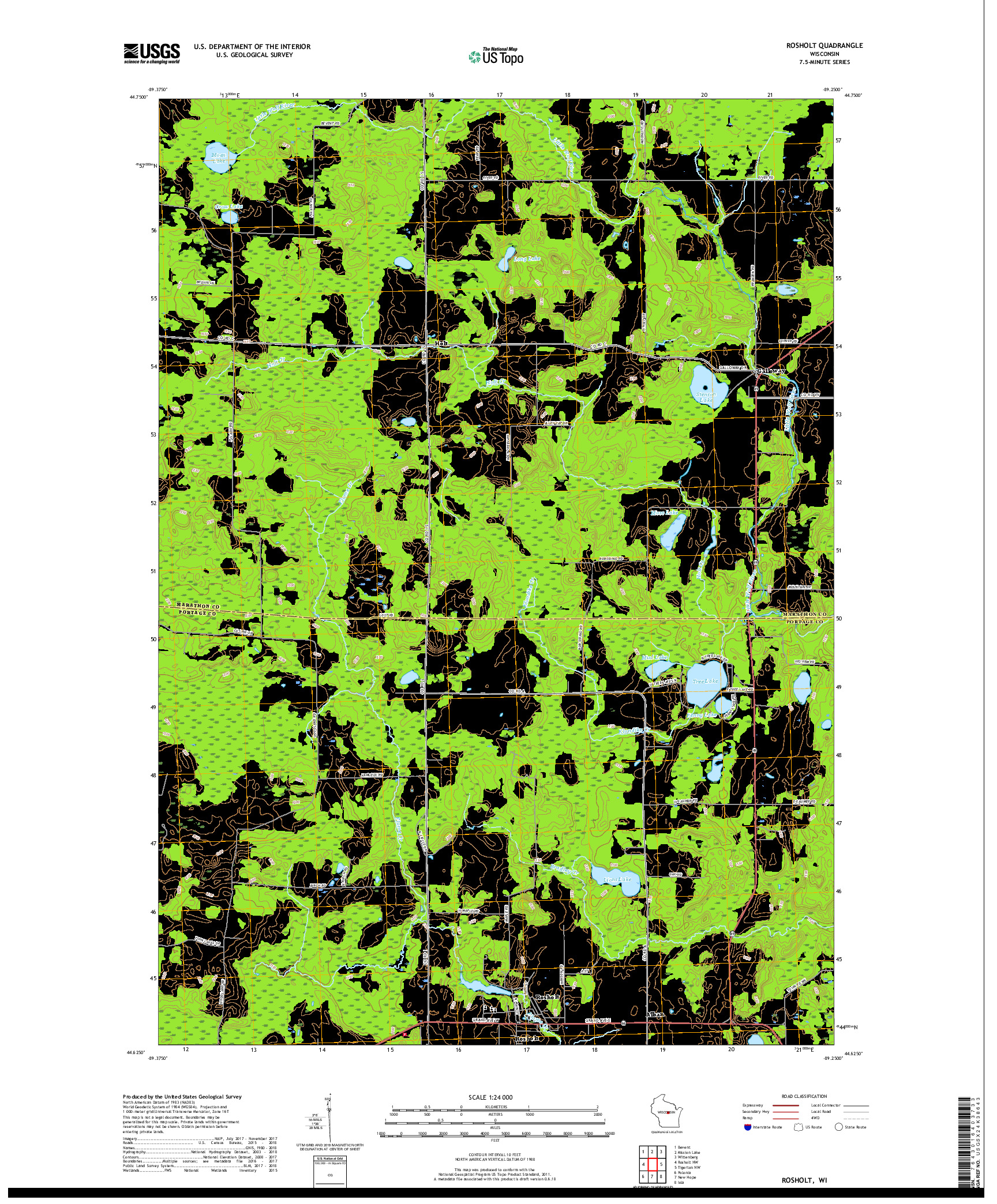 USGS US TOPO 7.5-MINUTE MAP FOR ROSHOLT, WI 2018