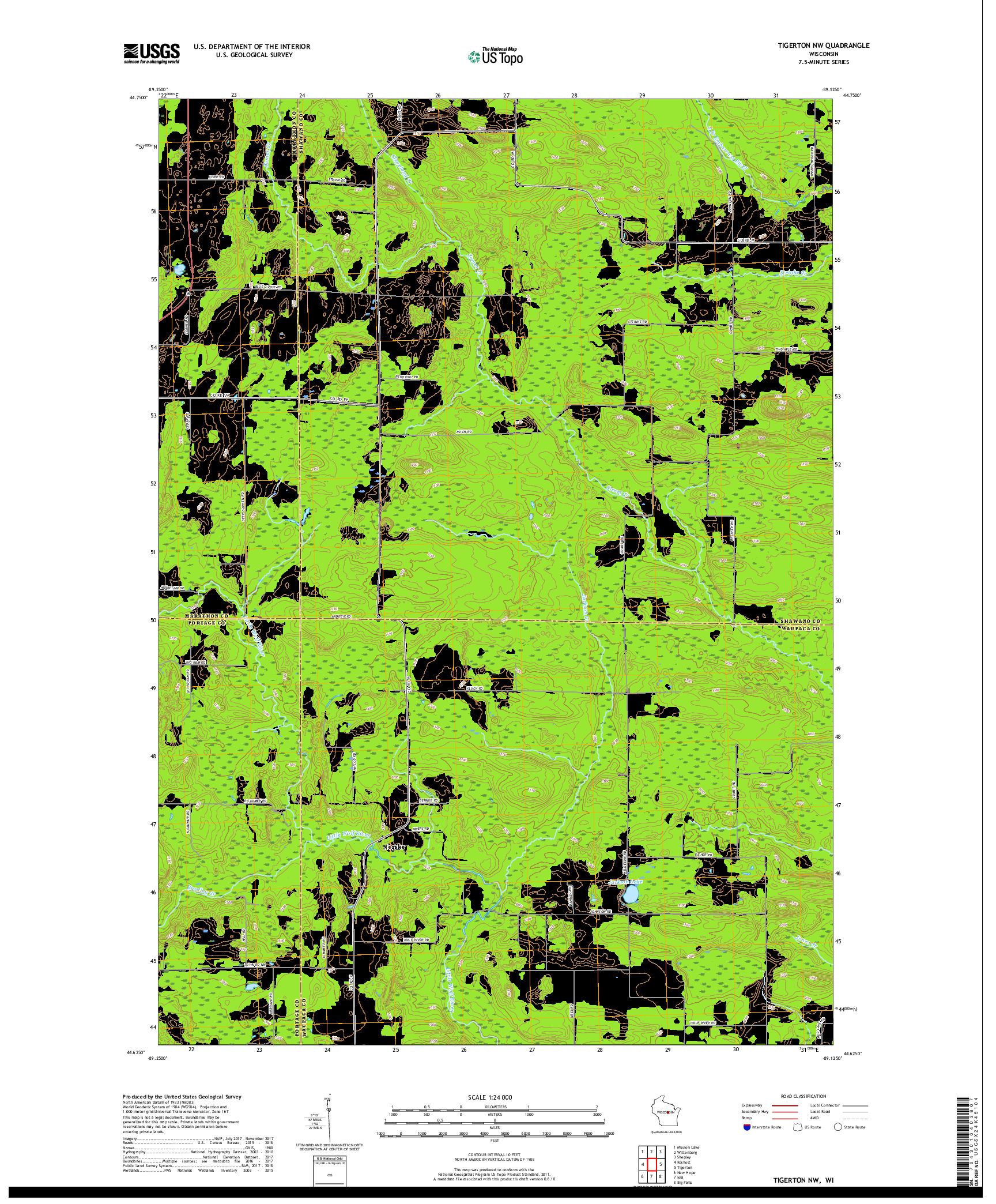 USGS US TOPO 7.5-MINUTE MAP FOR TIGERTON NW, WI 2018