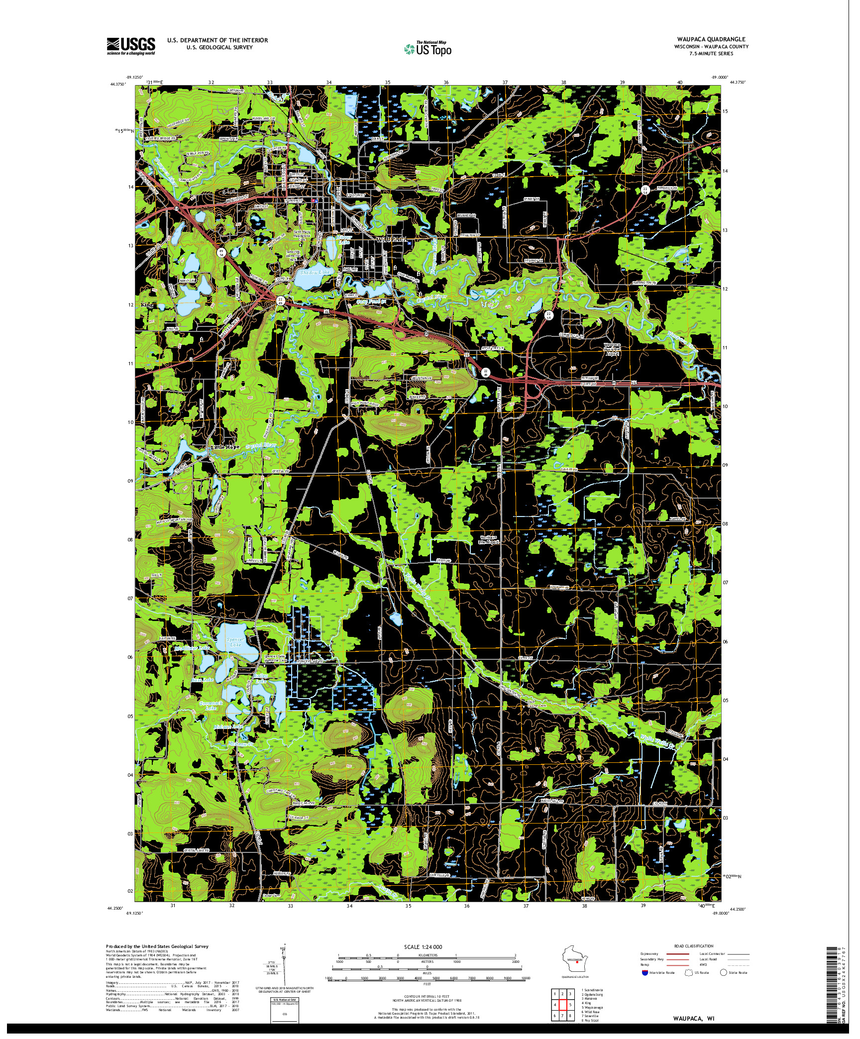 USGS US TOPO 7.5-MINUTE MAP FOR WAUPACA, WI 2018