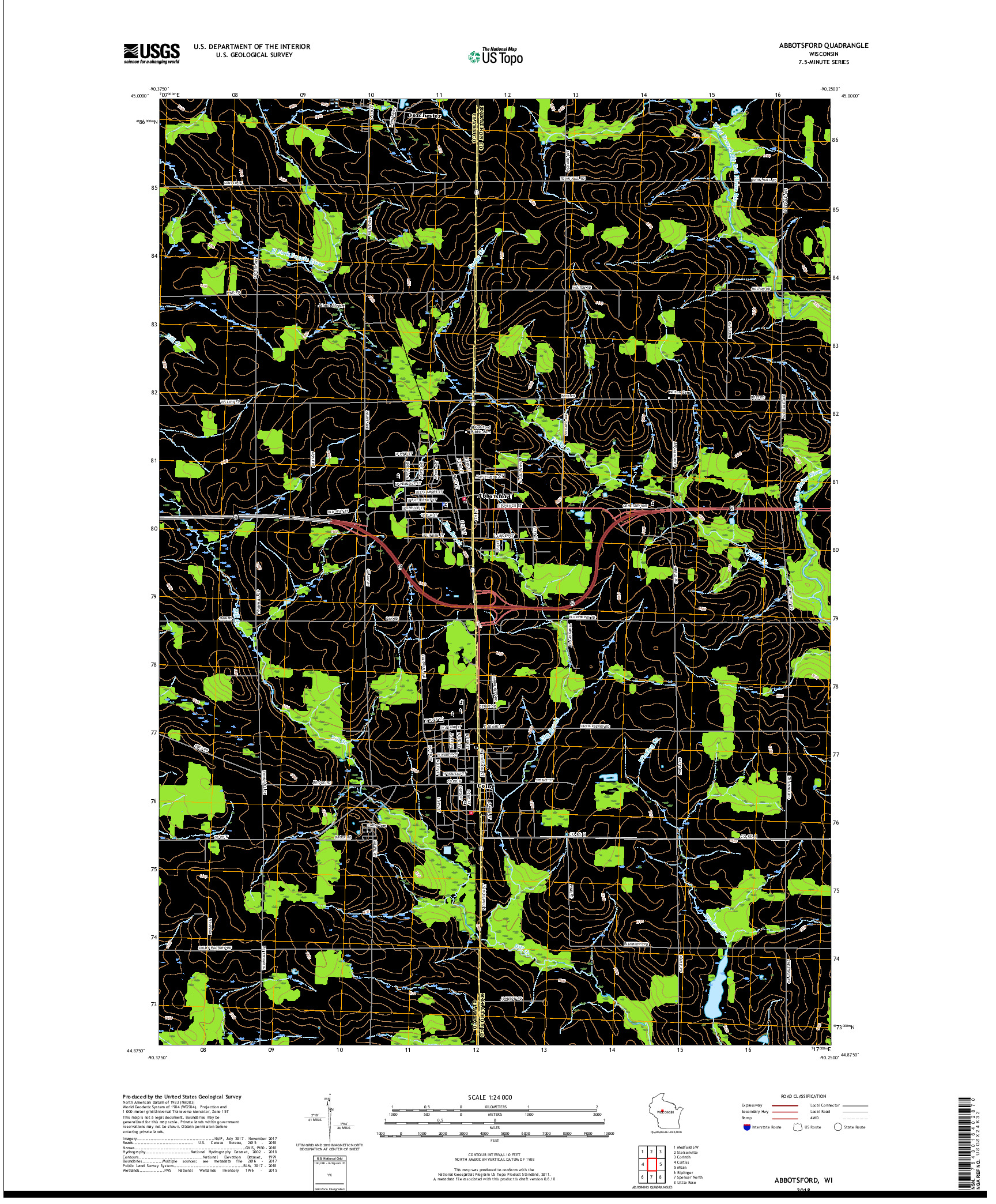 USGS US TOPO 7.5-MINUTE MAP FOR ABBOTSFORD, WI 2018