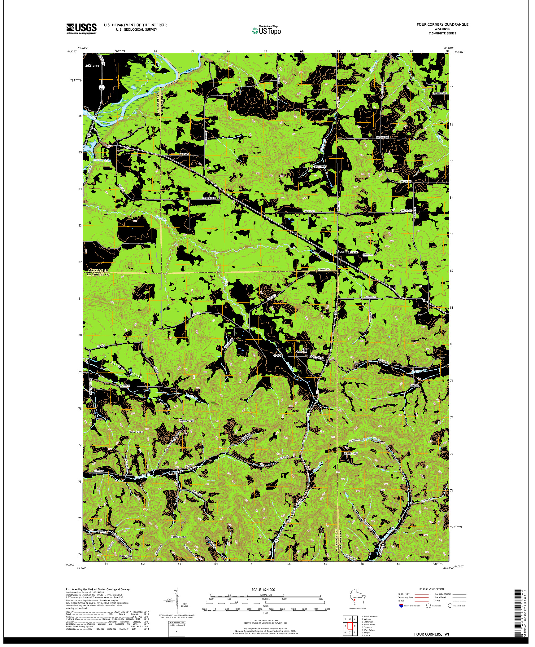 USGS US TOPO 7.5-MINUTE MAP FOR FOUR CORNERS, WI 2018