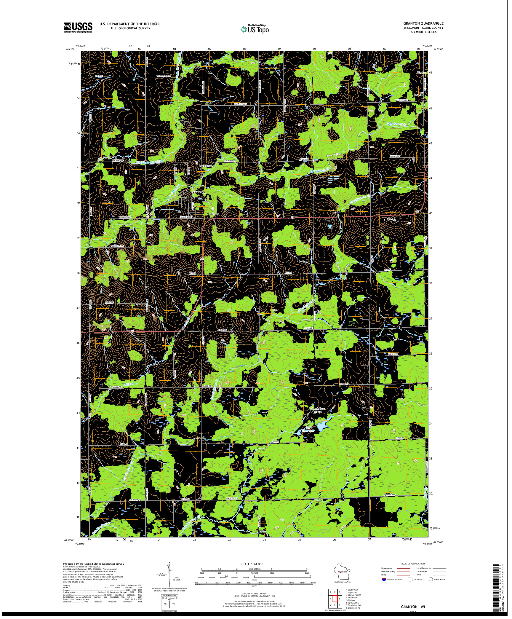 USGS US TOPO 7.5-MINUTE MAP FOR GRANTON, WI 2018