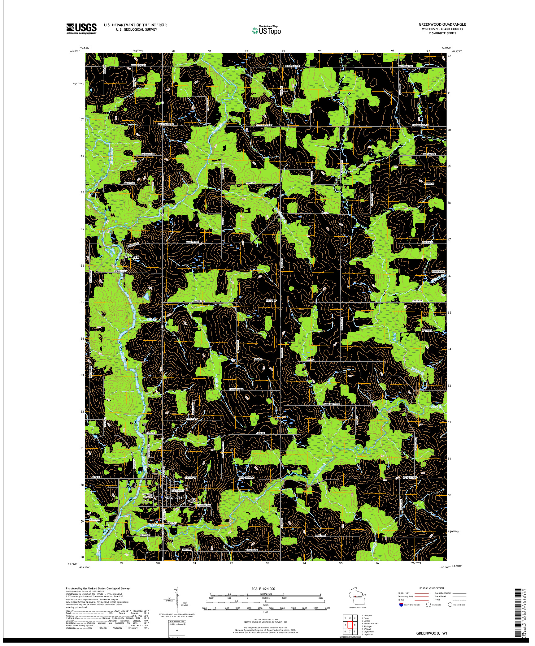 USGS US TOPO 7.5-MINUTE MAP FOR GREENWOOD, WI 2018