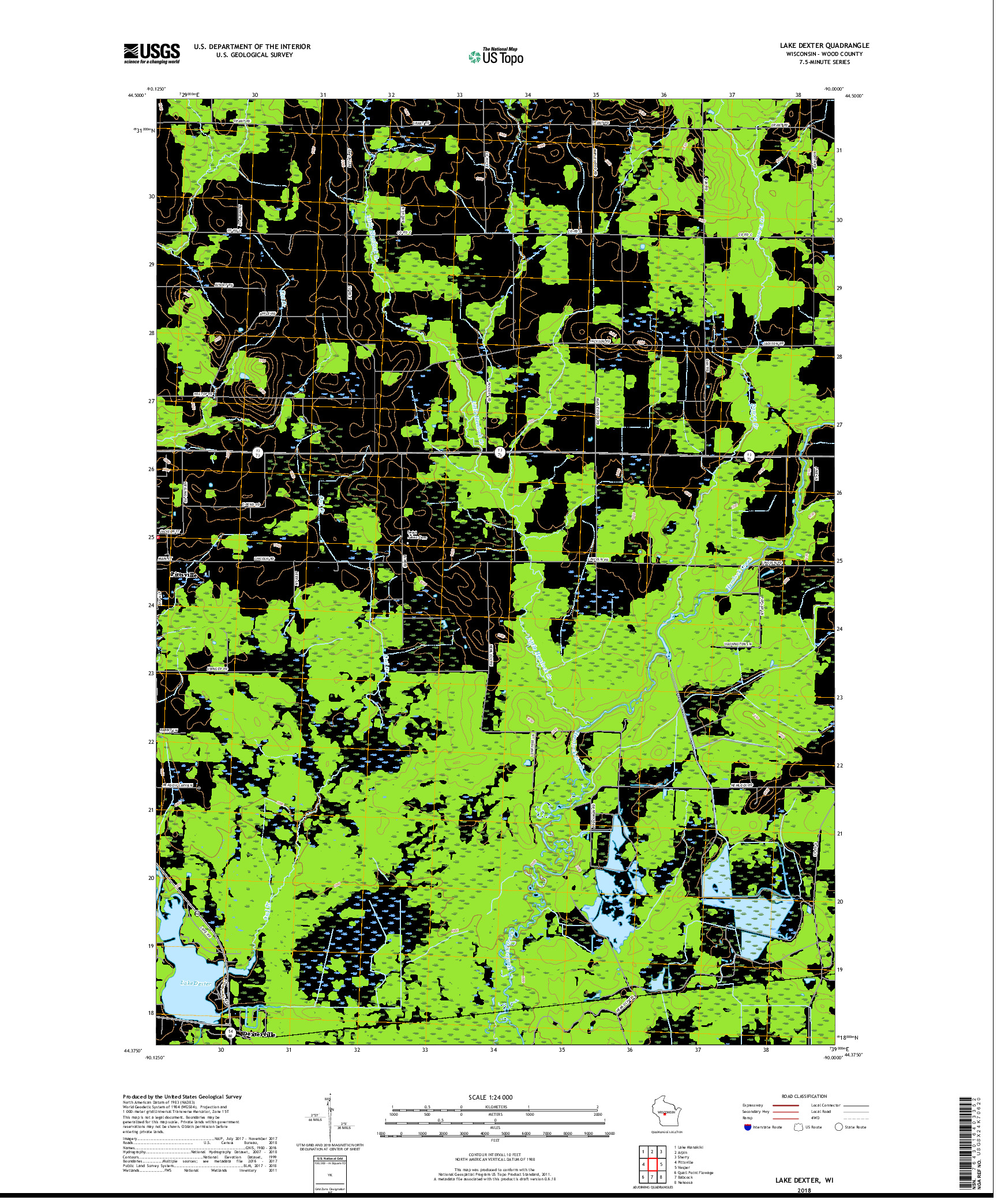 USGS US TOPO 7.5-MINUTE MAP FOR LAKE DEXTER, WI 2018