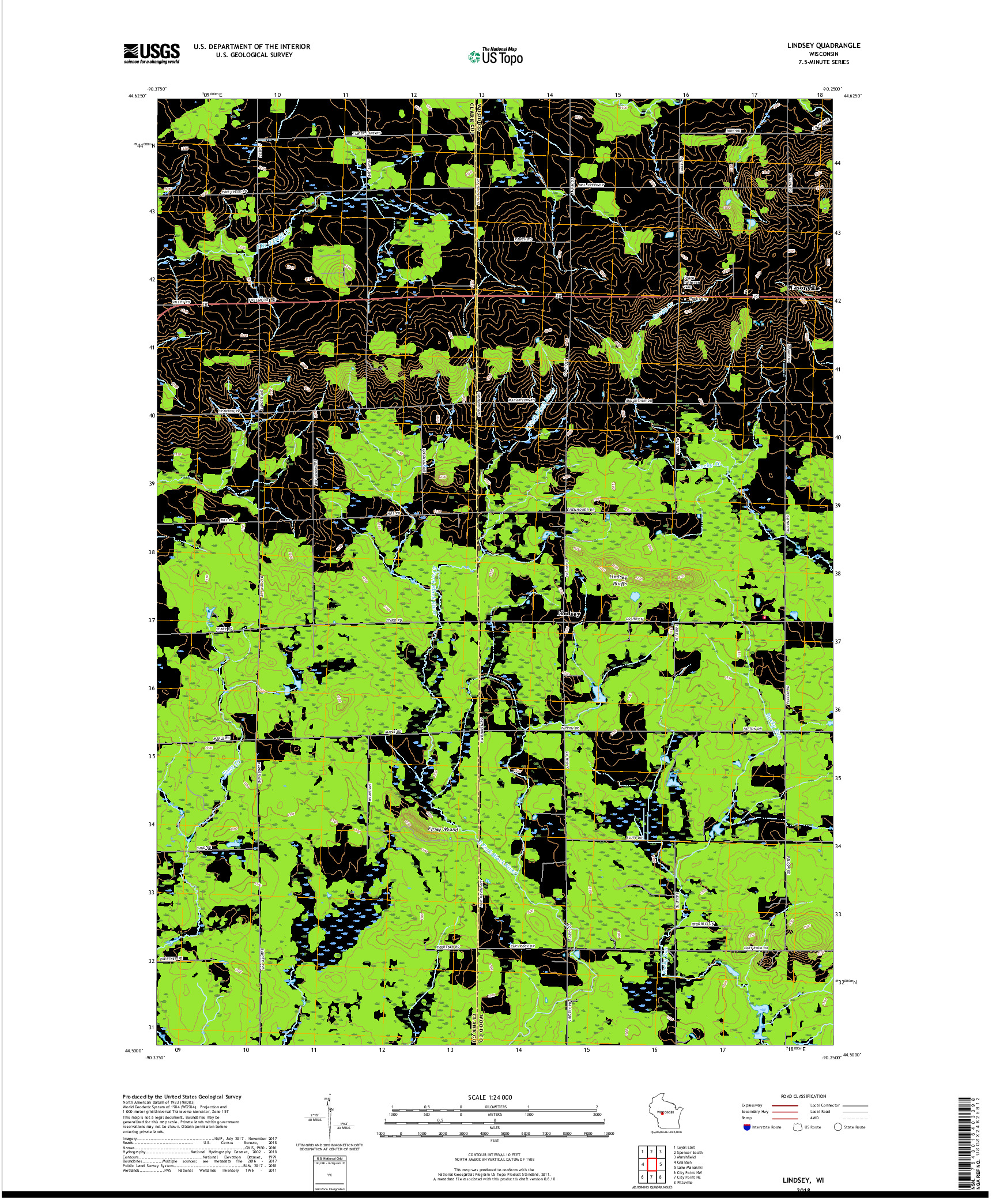 USGS US TOPO 7.5-MINUTE MAP FOR LINDSEY, WI 2018