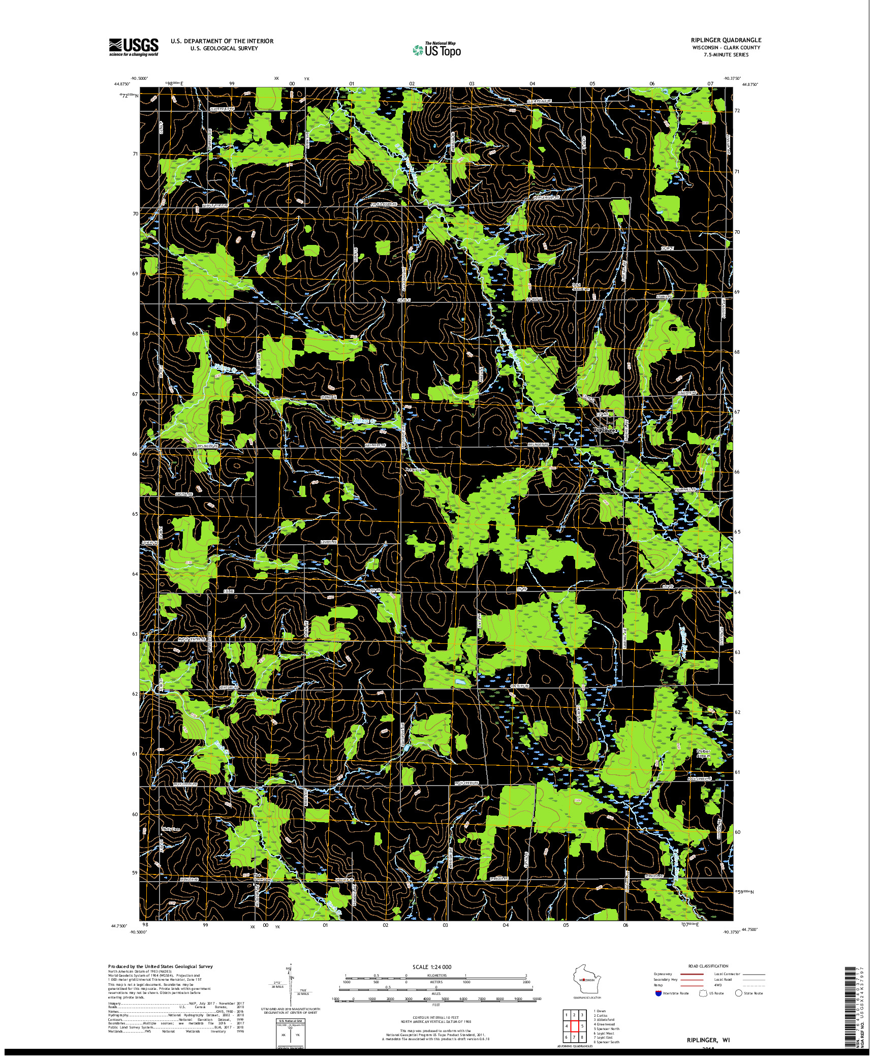 USGS US TOPO 7.5-MINUTE MAP FOR RIPLINGER, WI 2018