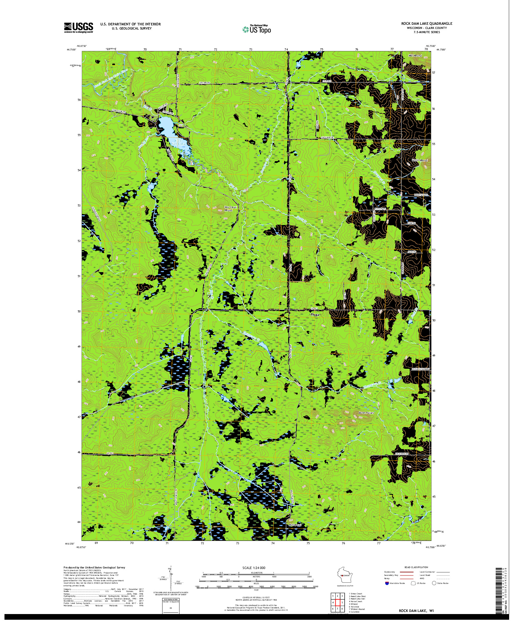 USGS US TOPO 7.5-MINUTE MAP FOR ROCK DAM LAKE, WI 2018