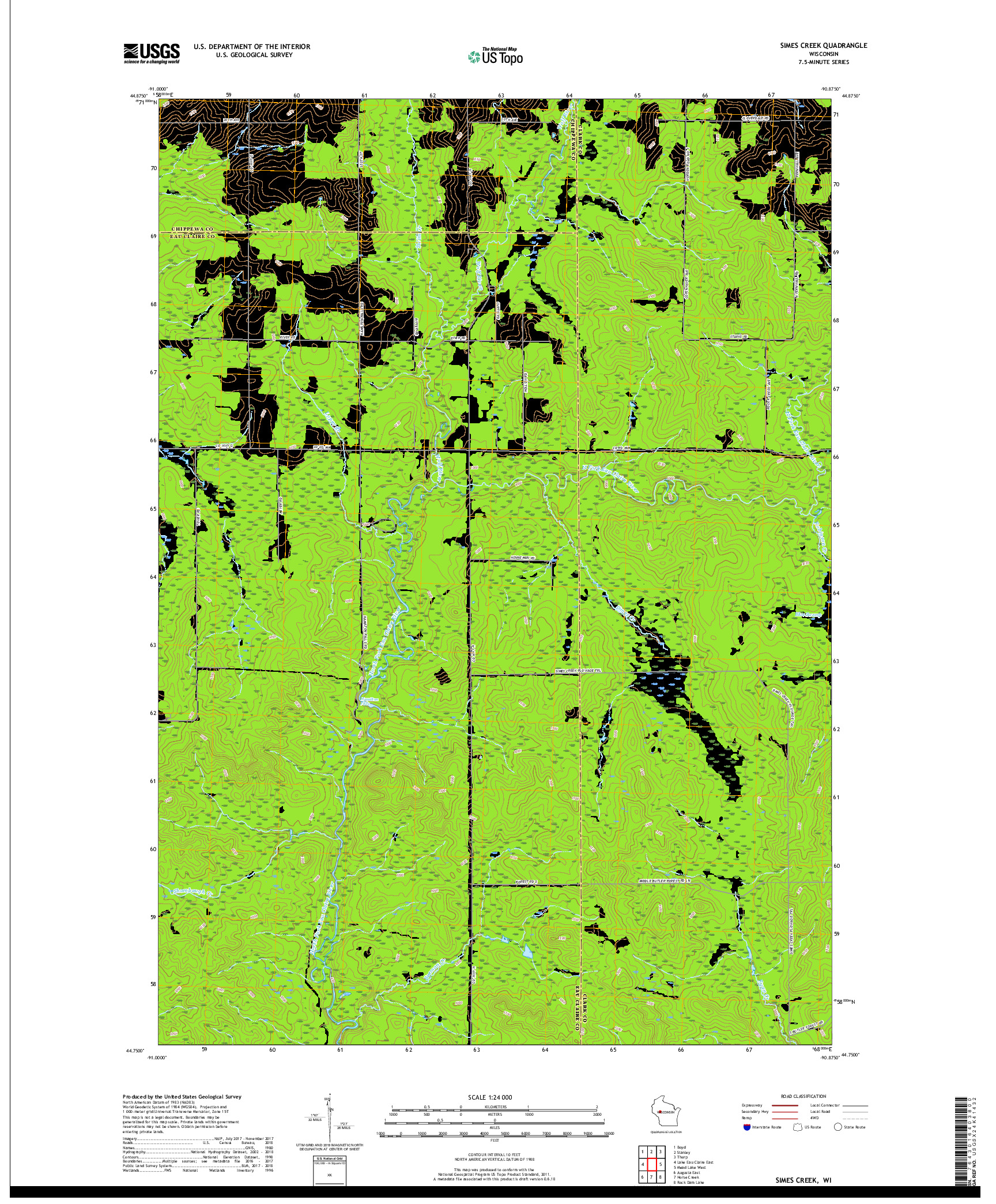 USGS US TOPO 7.5-MINUTE MAP FOR SIMES CREEK, WI 2018