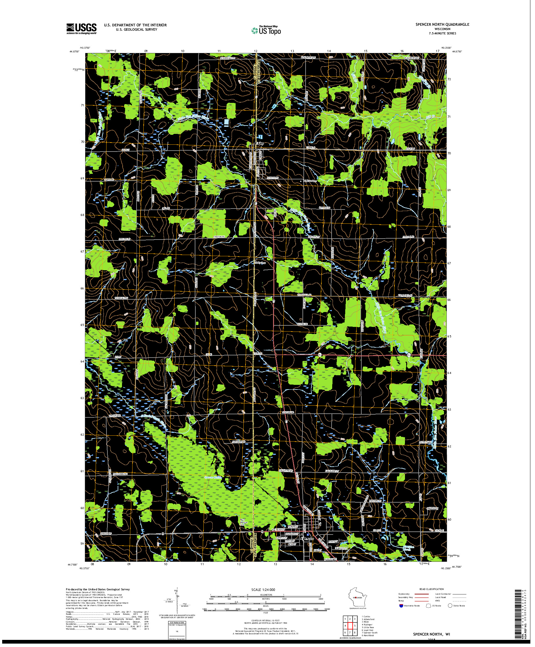 USGS US TOPO 7.5-MINUTE MAP FOR SPENCER NORTH, WI 2018
