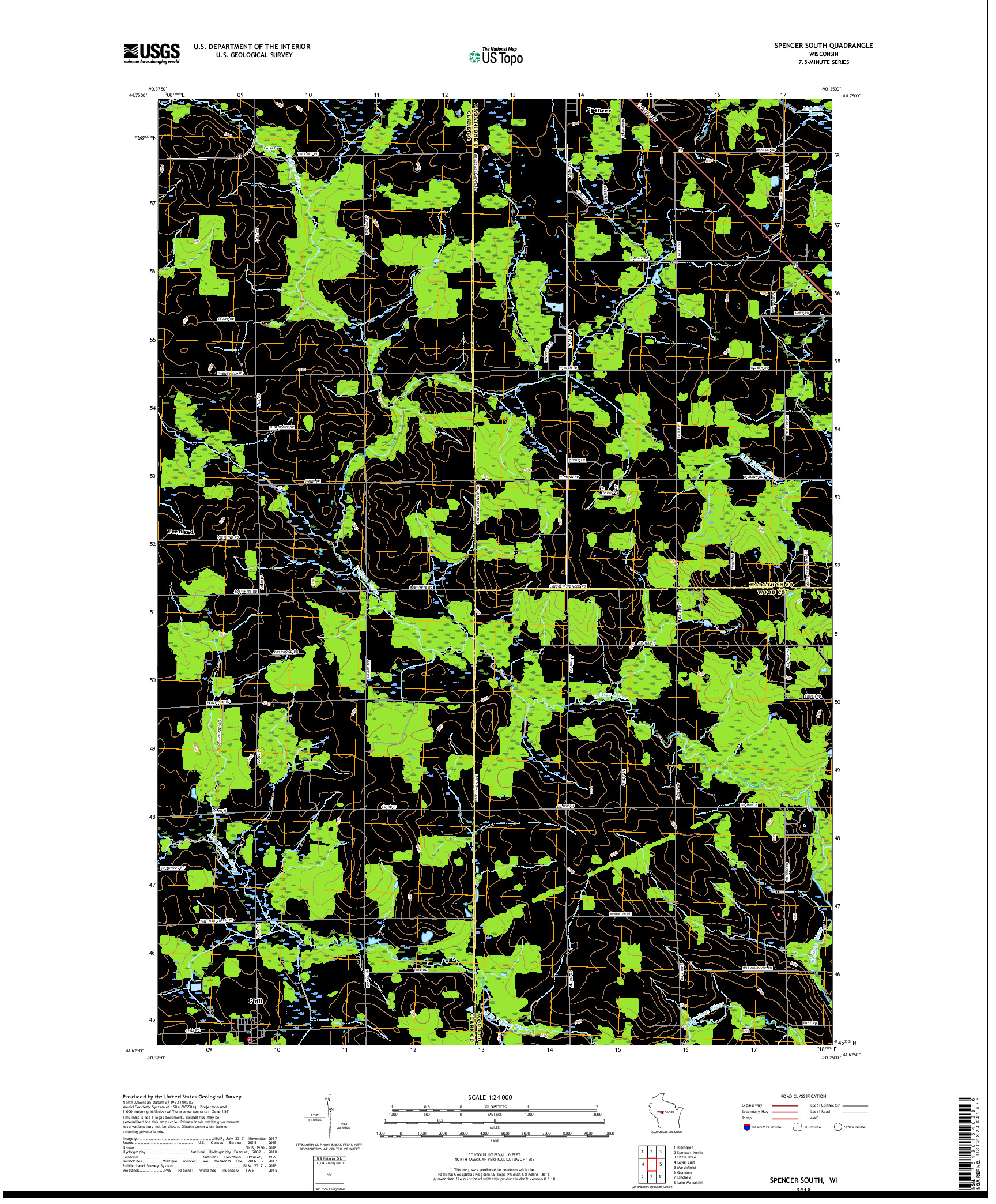 USGS US TOPO 7.5-MINUTE MAP FOR SPENCER SOUTH, WI 2018