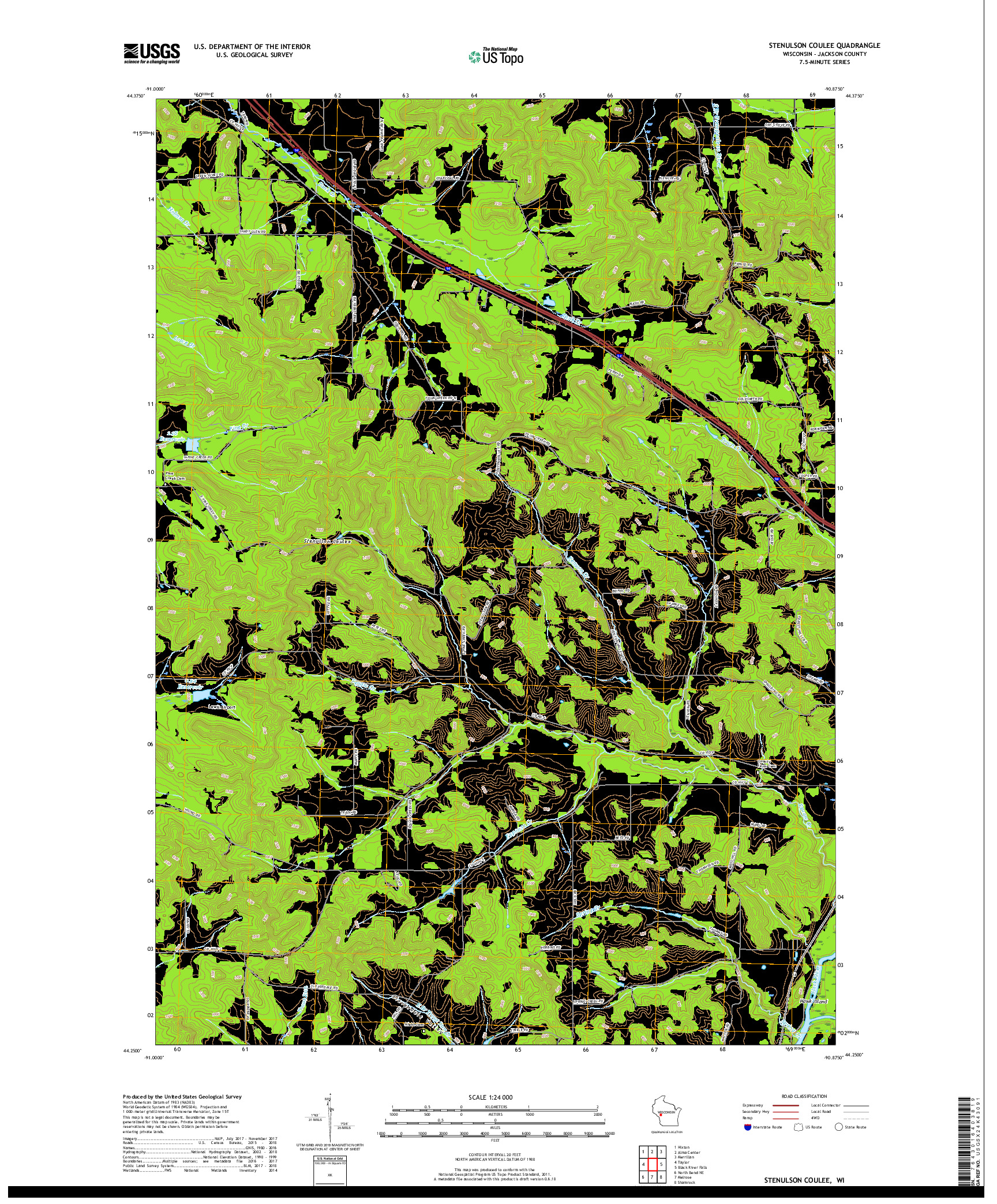 USGS US TOPO 7.5-MINUTE MAP FOR STENULSON COULEE, WI 2018