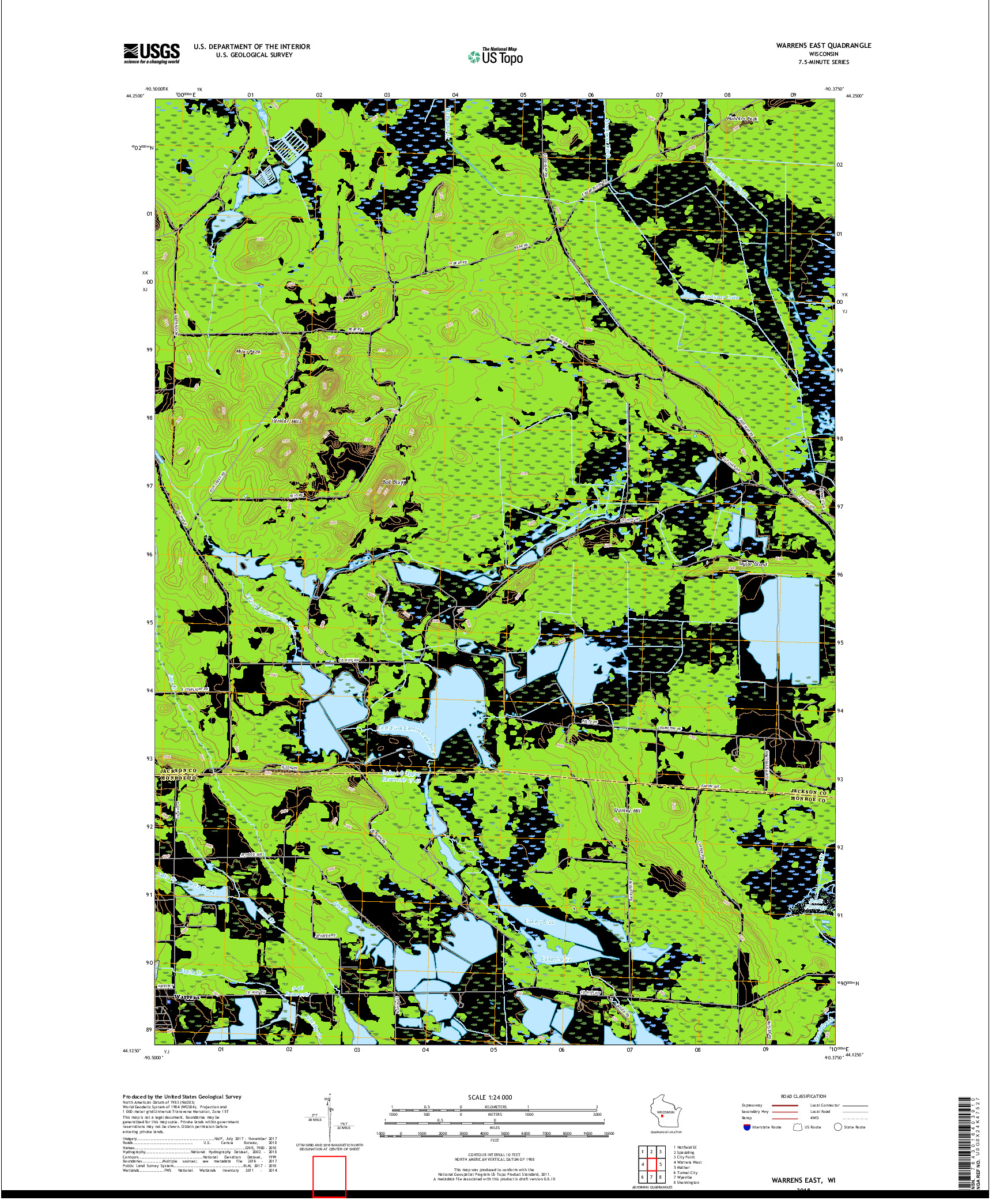 USGS US TOPO 7.5-MINUTE MAP FOR WARRENS EAST, WI 2018