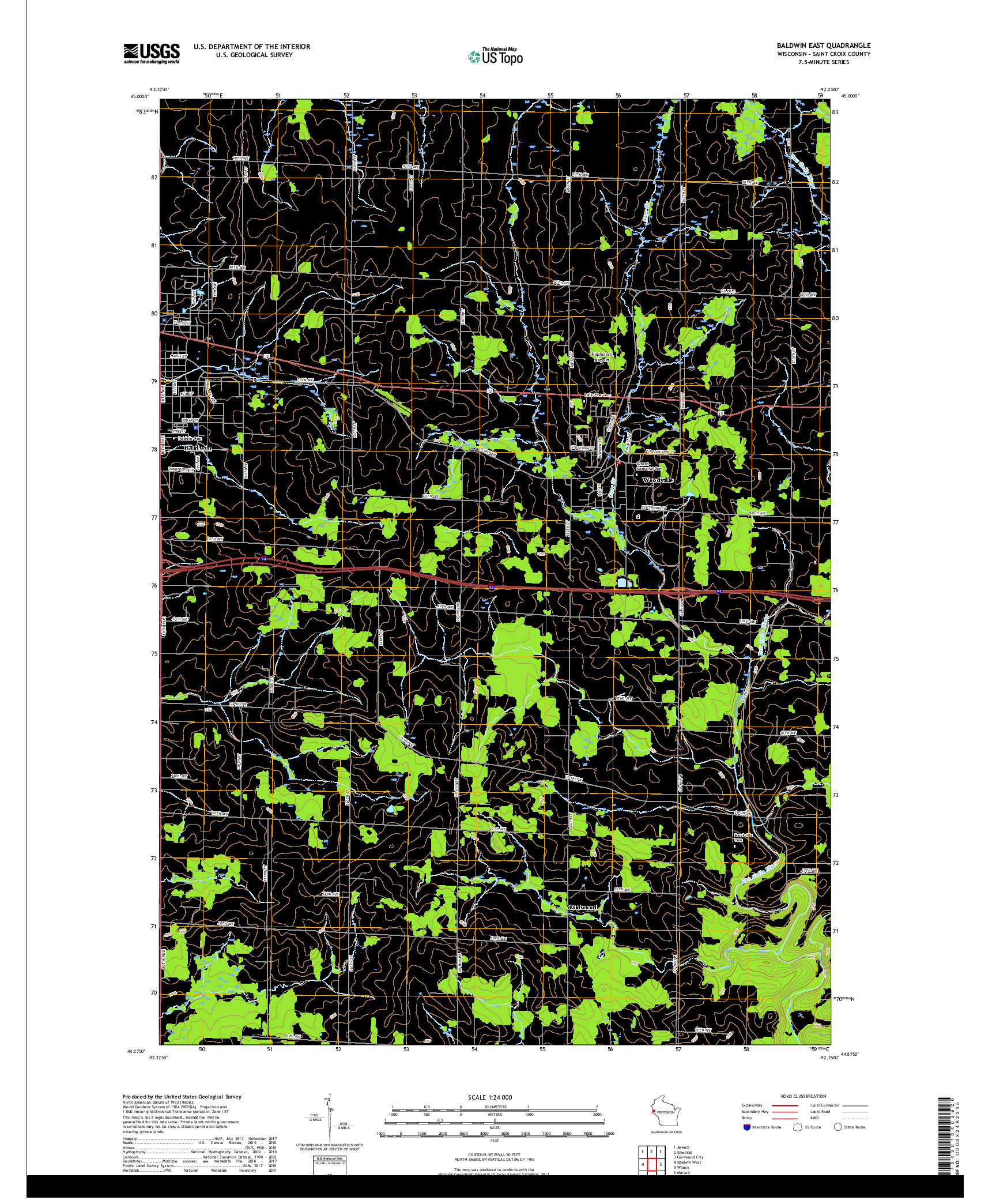 USGS US TOPO 7.5-MINUTE MAP FOR BALDWIN EAST, WI 2018