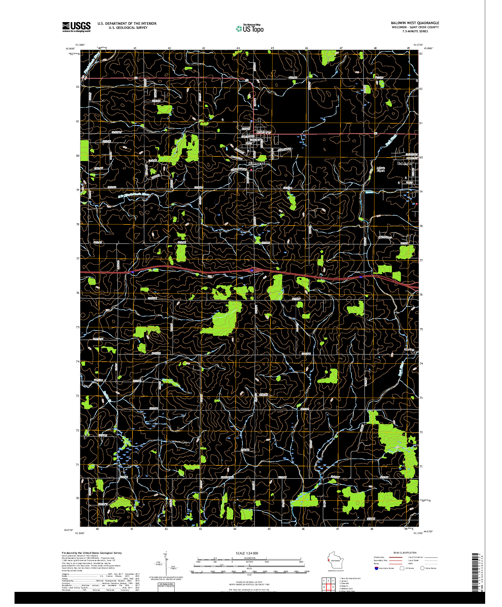 USGS US TOPO 7.5-MINUTE MAP FOR BALDWIN WEST, WI 2018