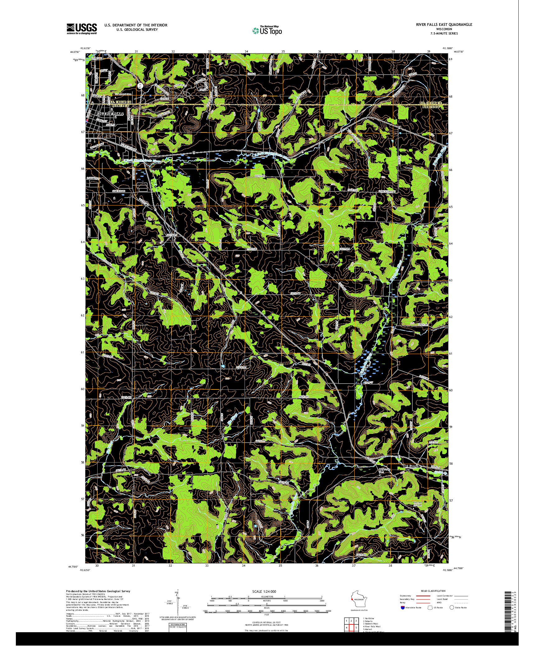 USGS US TOPO 7.5-MINUTE MAP FOR RIVER FALLS EAST, WI 2018