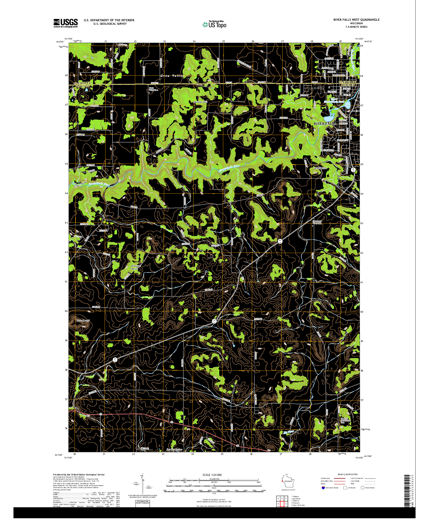 USGS US TOPO 7.5-MINUTE MAP FOR RIVER FALLS WEST, WI 2018