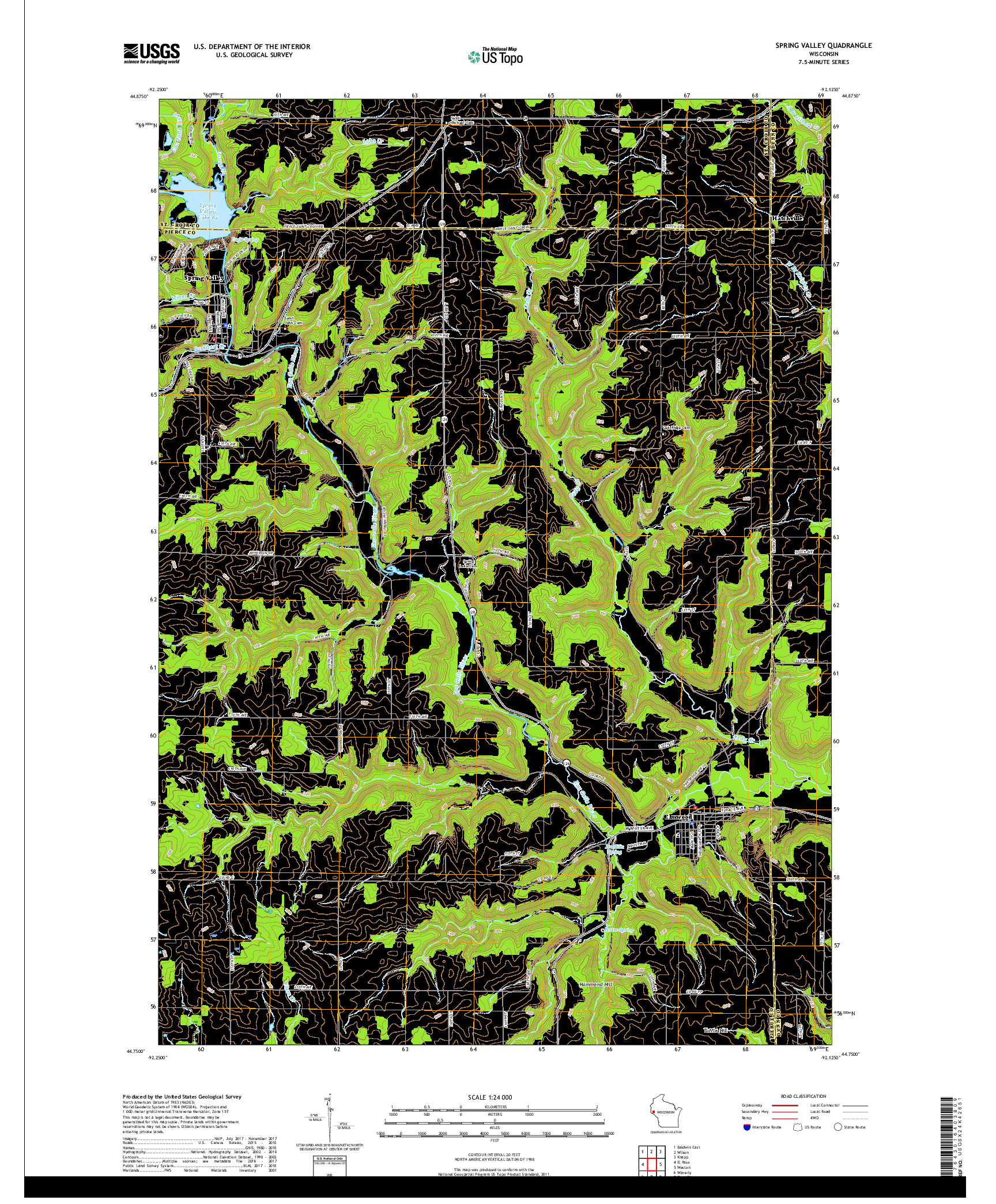 USGS US TOPO 7.5-MINUTE MAP FOR SPRING VALLEY, WI 2018