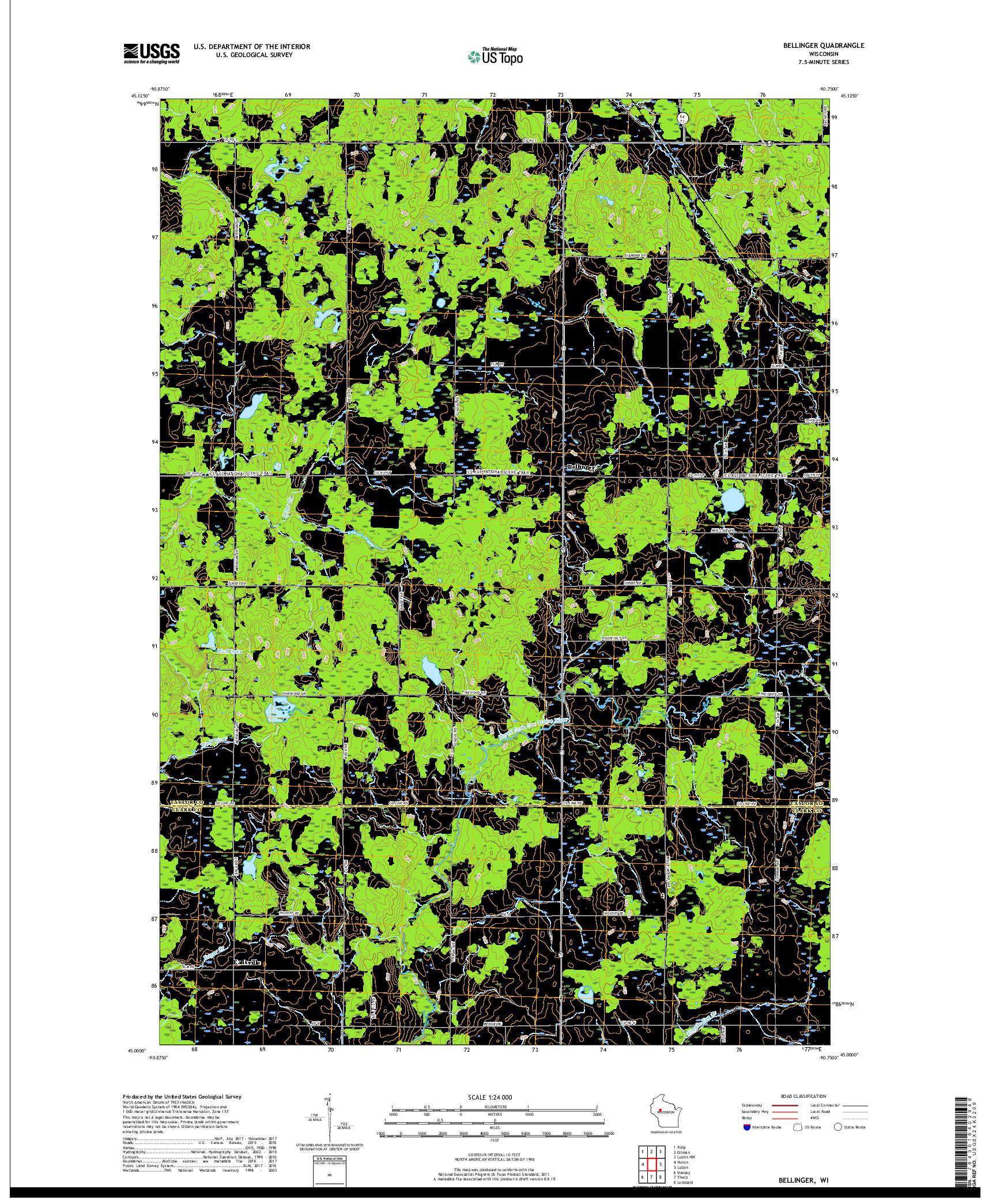 USGS US TOPO 7.5-MINUTE MAP FOR BELLINGER, WI 2018