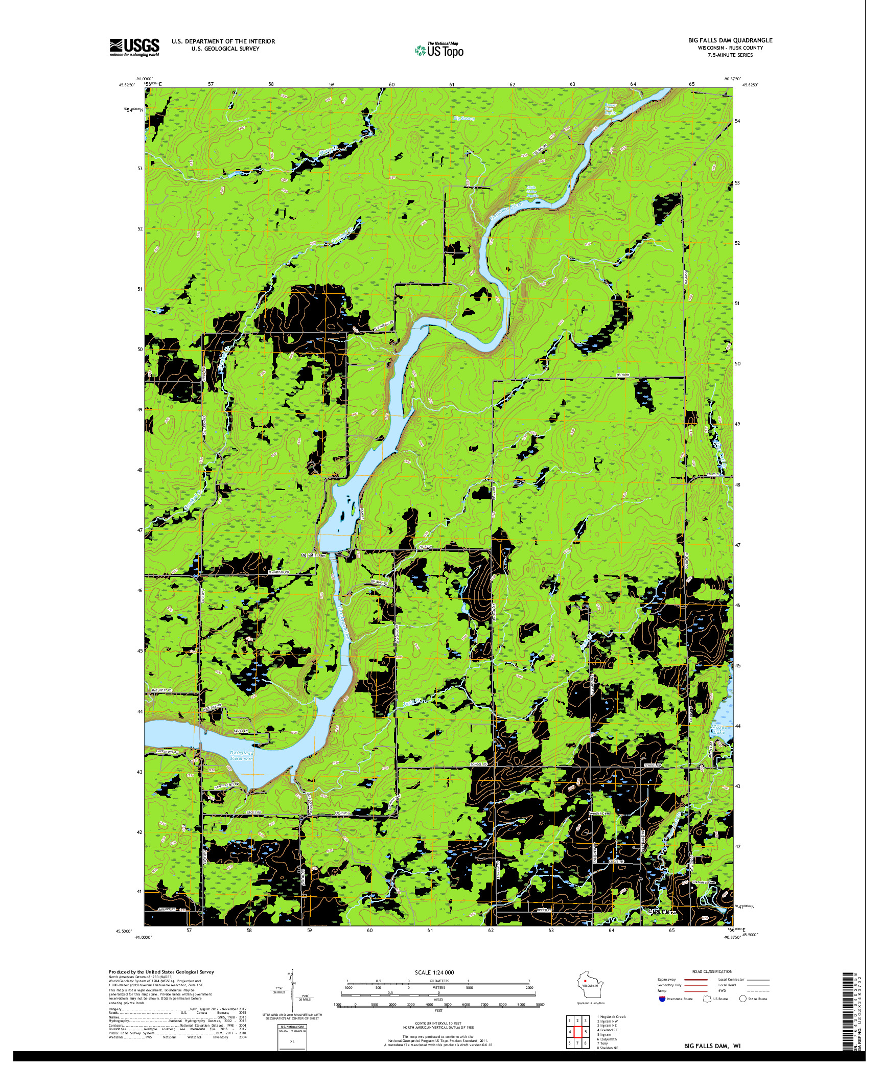 USGS US TOPO 7.5-MINUTE MAP FOR BIG FALLS DAM, WI 2018