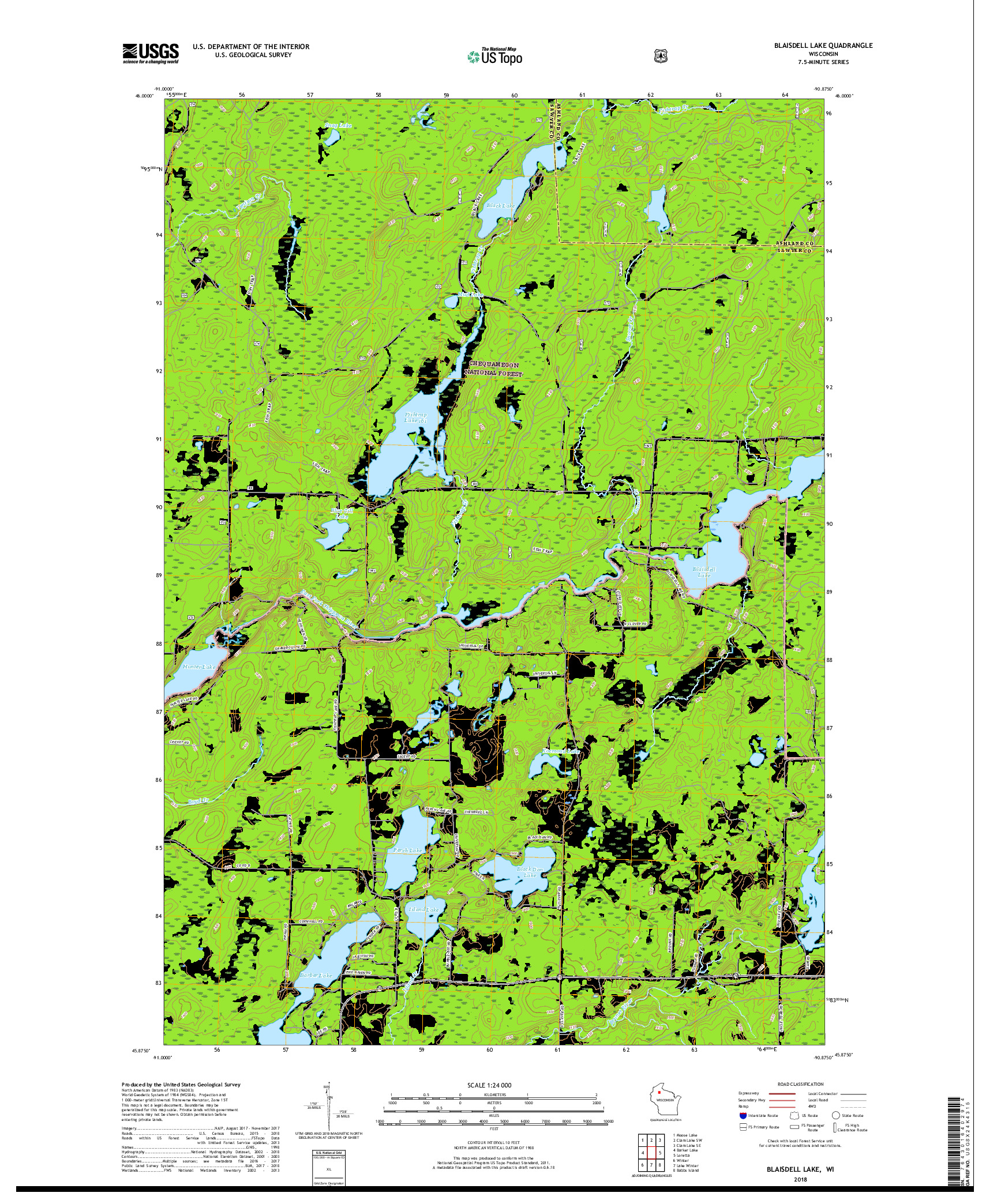USGS US TOPO 7.5-MINUTE MAP FOR BLAISDELL LAKE, WI 2018
