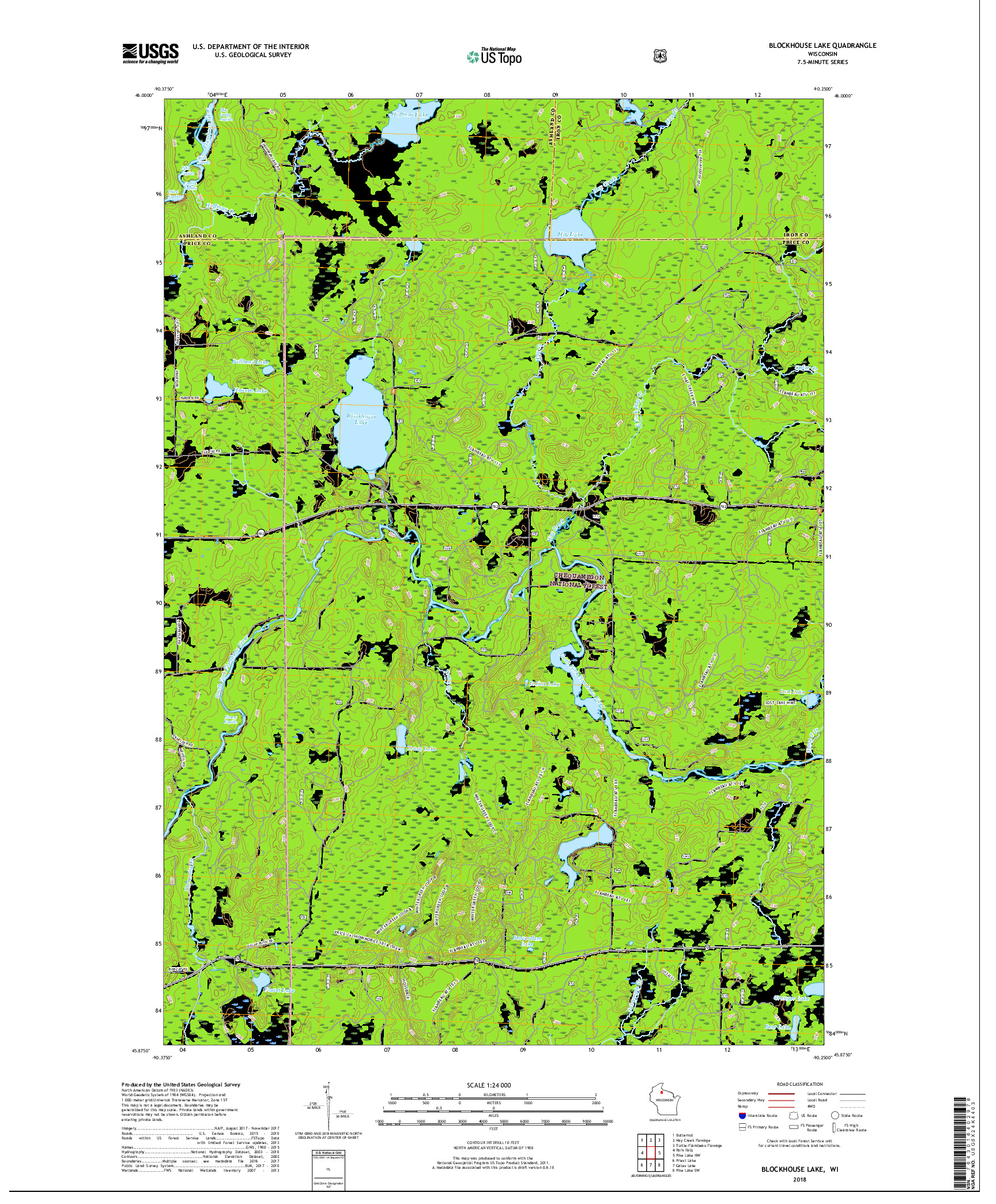 USGS US TOPO 7.5-MINUTE MAP FOR BLOCKHOUSE LAKE, WI 2018