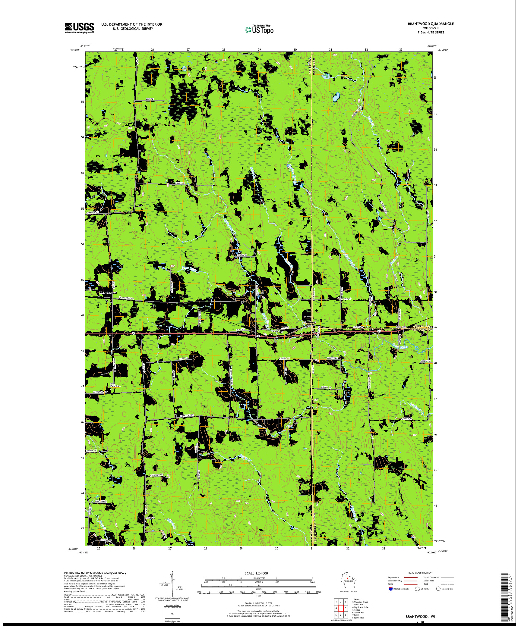 USGS US TOPO 7.5-MINUTE MAP FOR BRANTWOOD, WI 2018