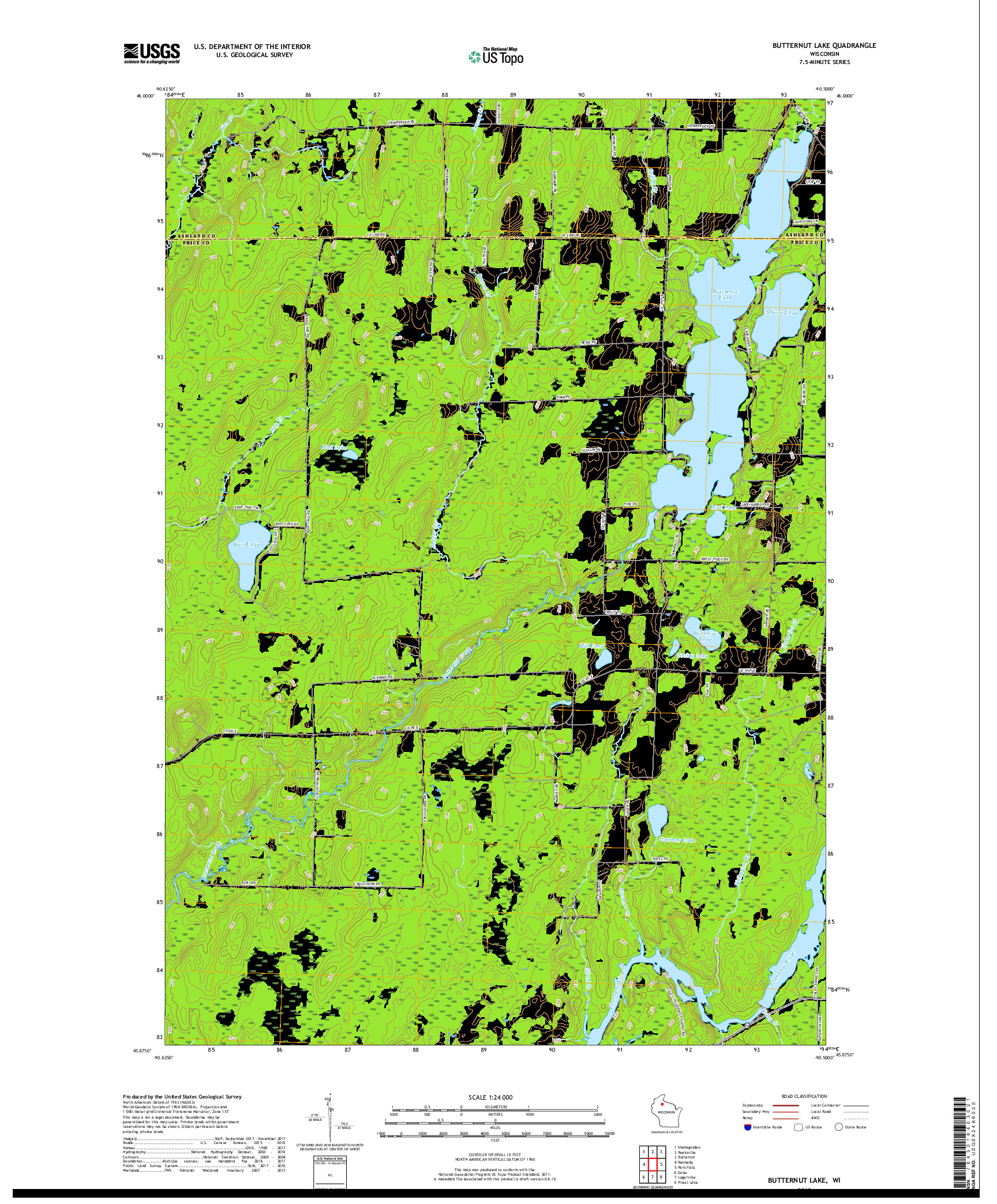 USGS US TOPO 7.5-MINUTE MAP FOR BUTTERNUT LAKE, WI 2018