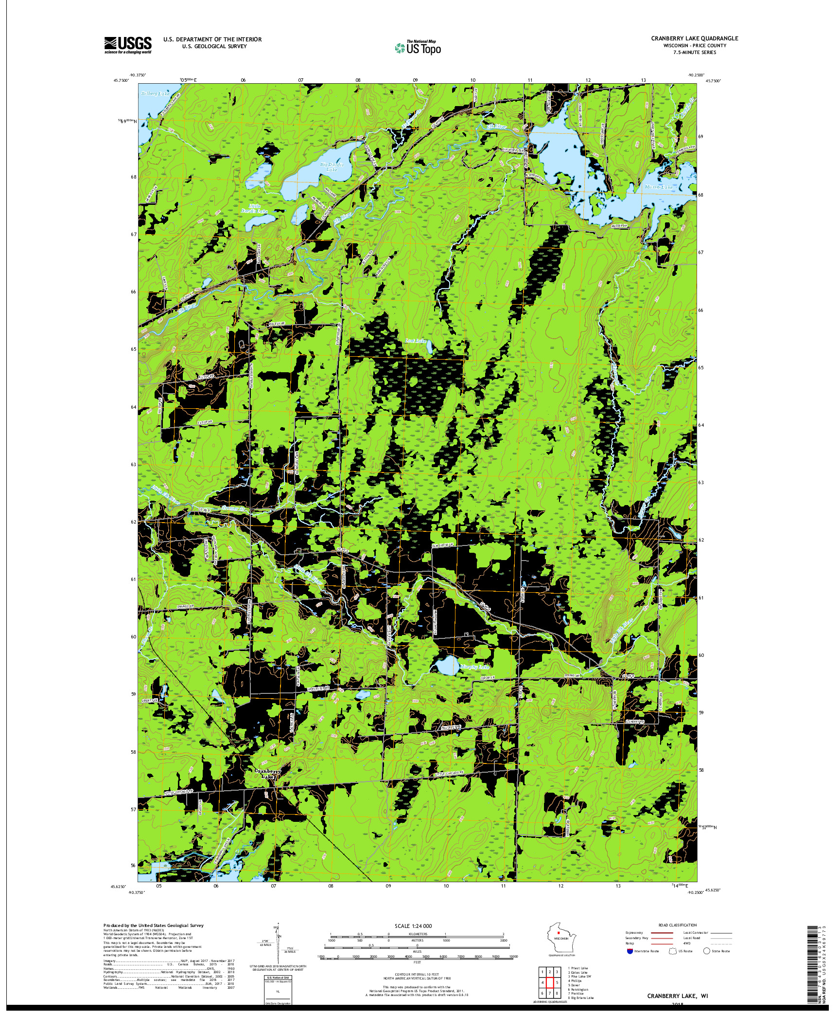 USGS US TOPO 7.5-MINUTE MAP FOR CRANBERRY LAKE, WI 2018