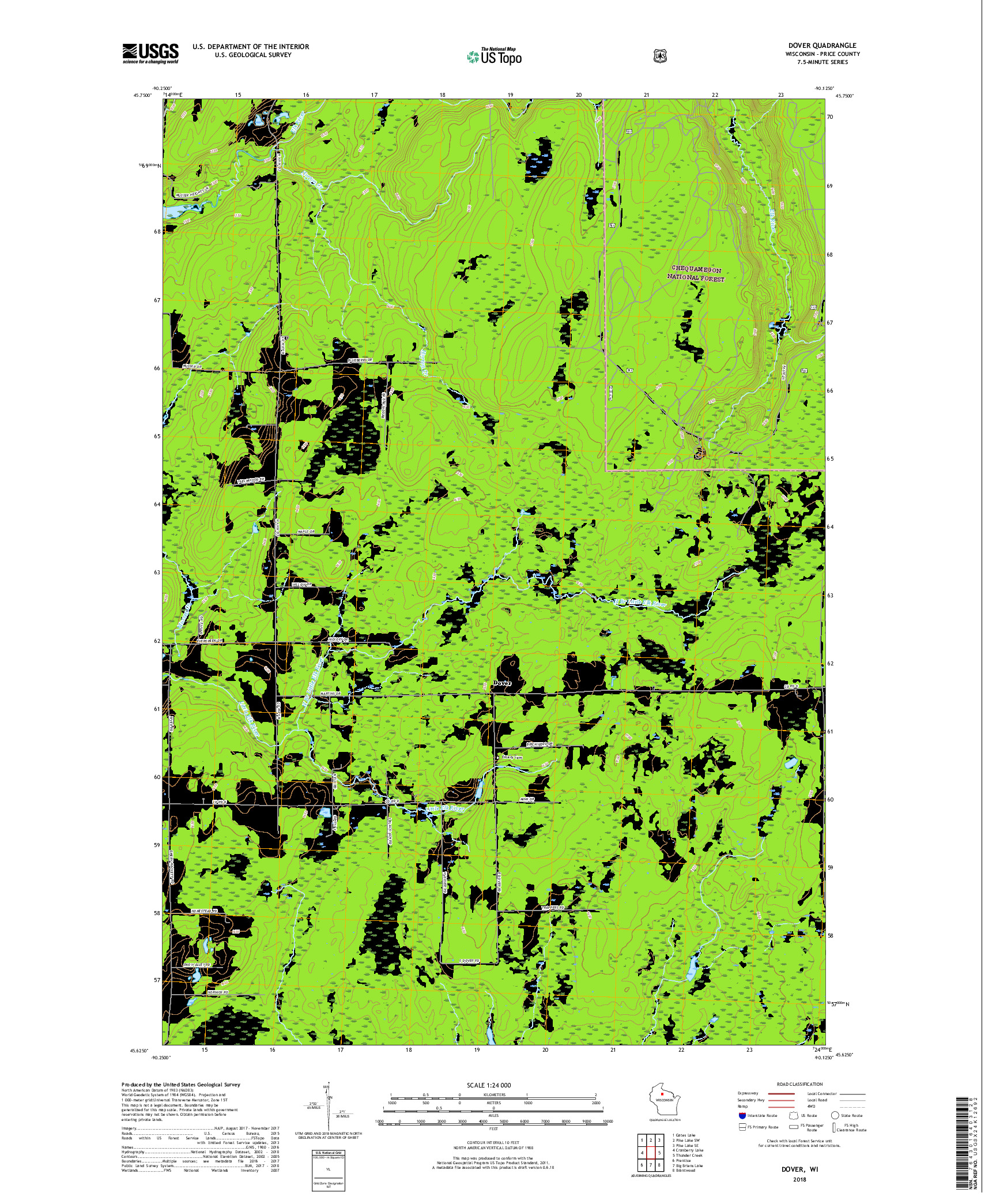 USGS US TOPO 7.5-MINUTE MAP FOR DOVER, WI 2018