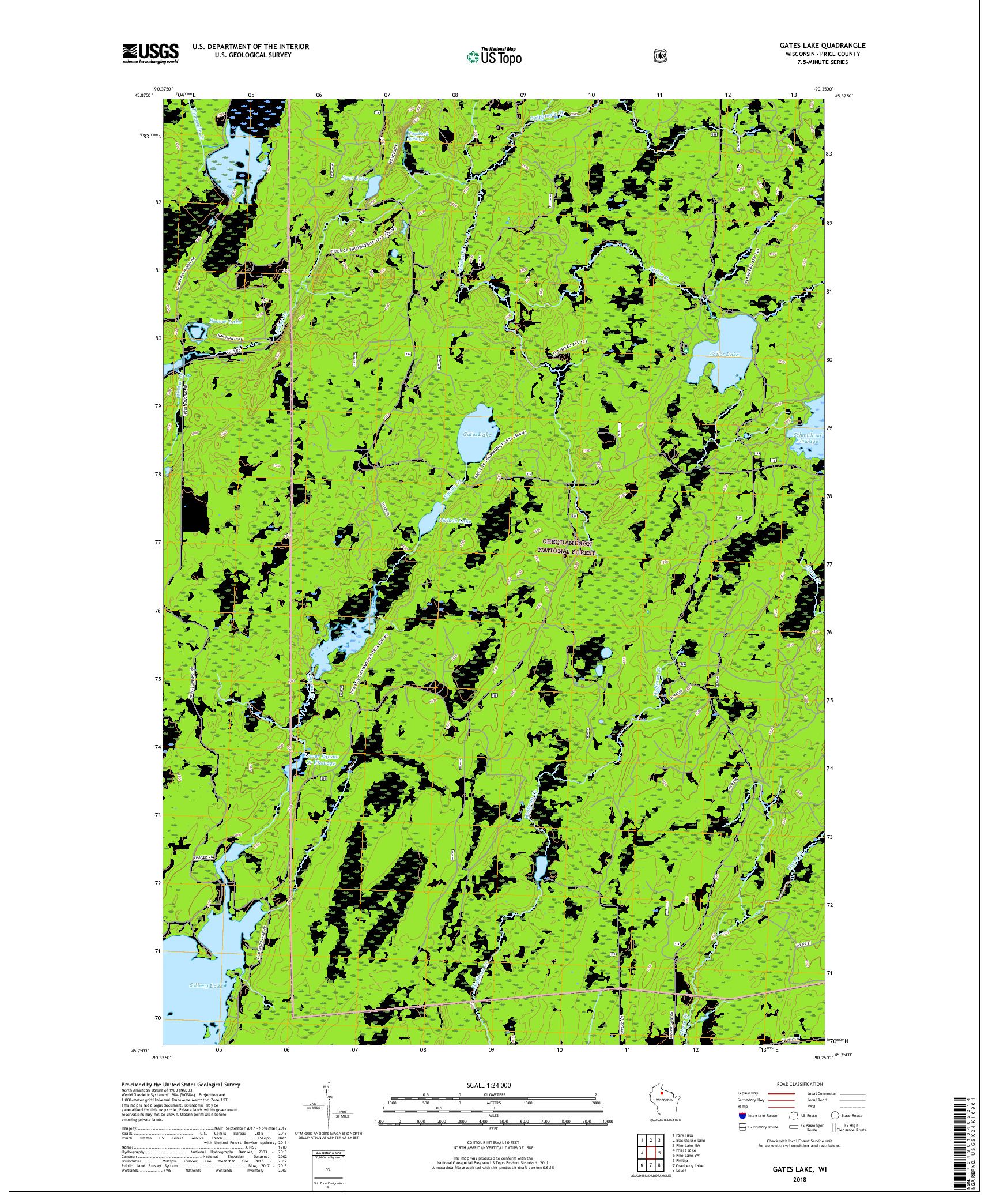 USGS US TOPO 7.5-MINUTE MAP FOR GATES LAKE, WI 2018