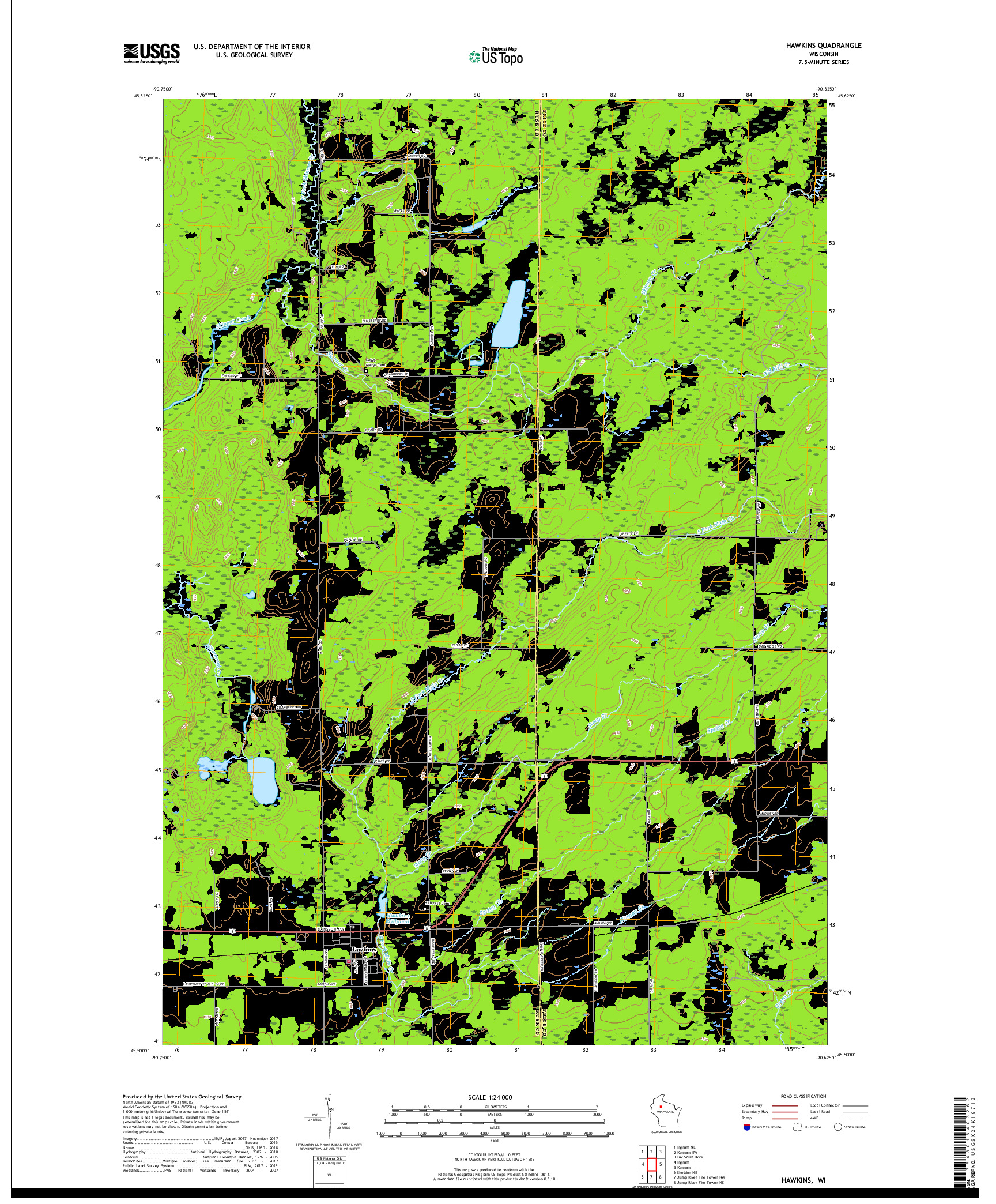 USGS US TOPO 7.5-MINUTE MAP FOR HAWKINS, WI 2018