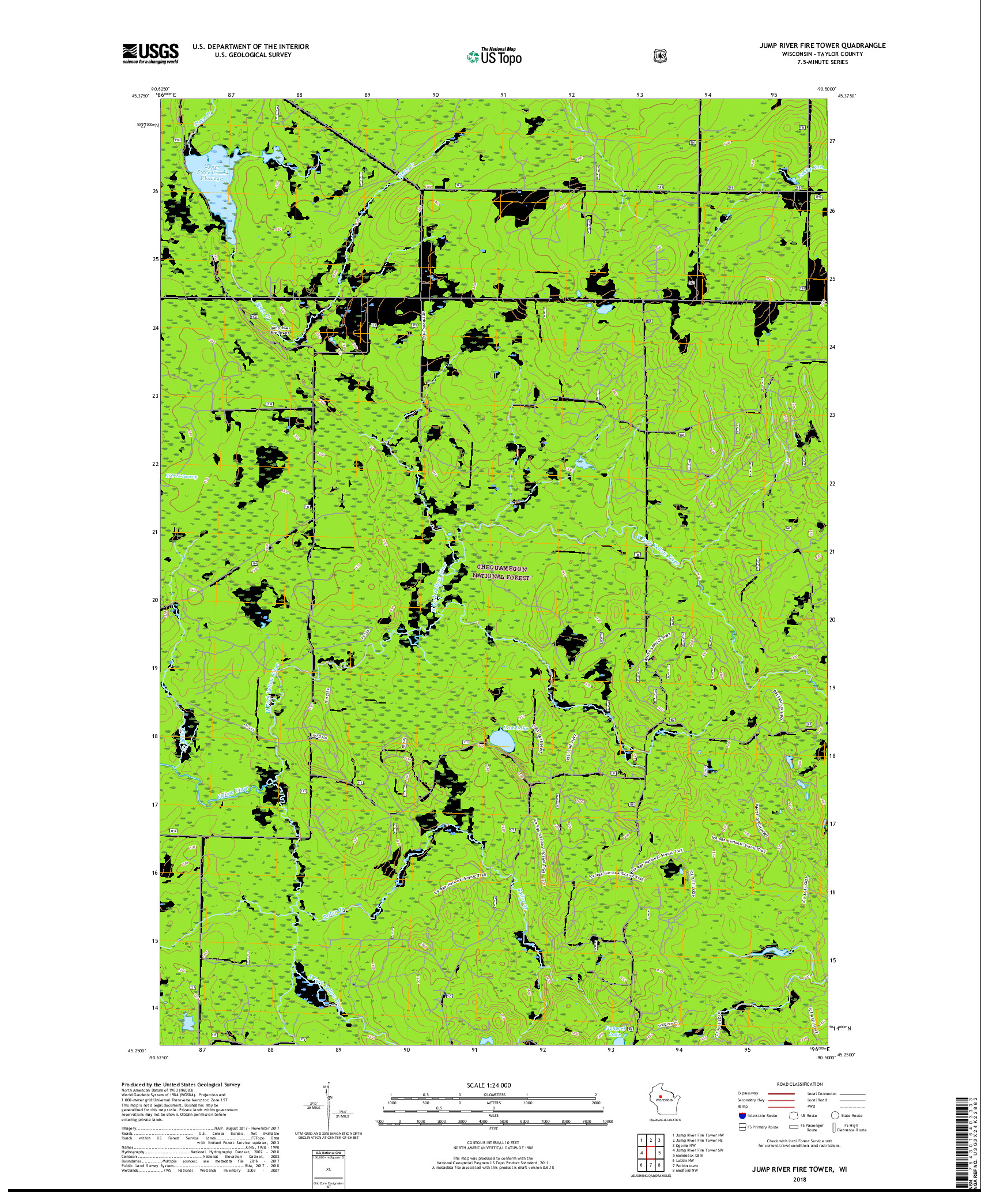 USGS US TOPO 7.5-MINUTE MAP FOR JUMP RIVER FIRE TOWER, WI 2018