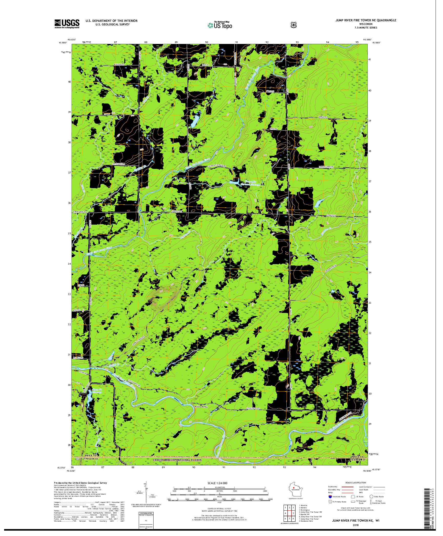 USGS US TOPO 7.5-MINUTE MAP FOR JUMP RIVER FIRE TOWER NE, WI 2018