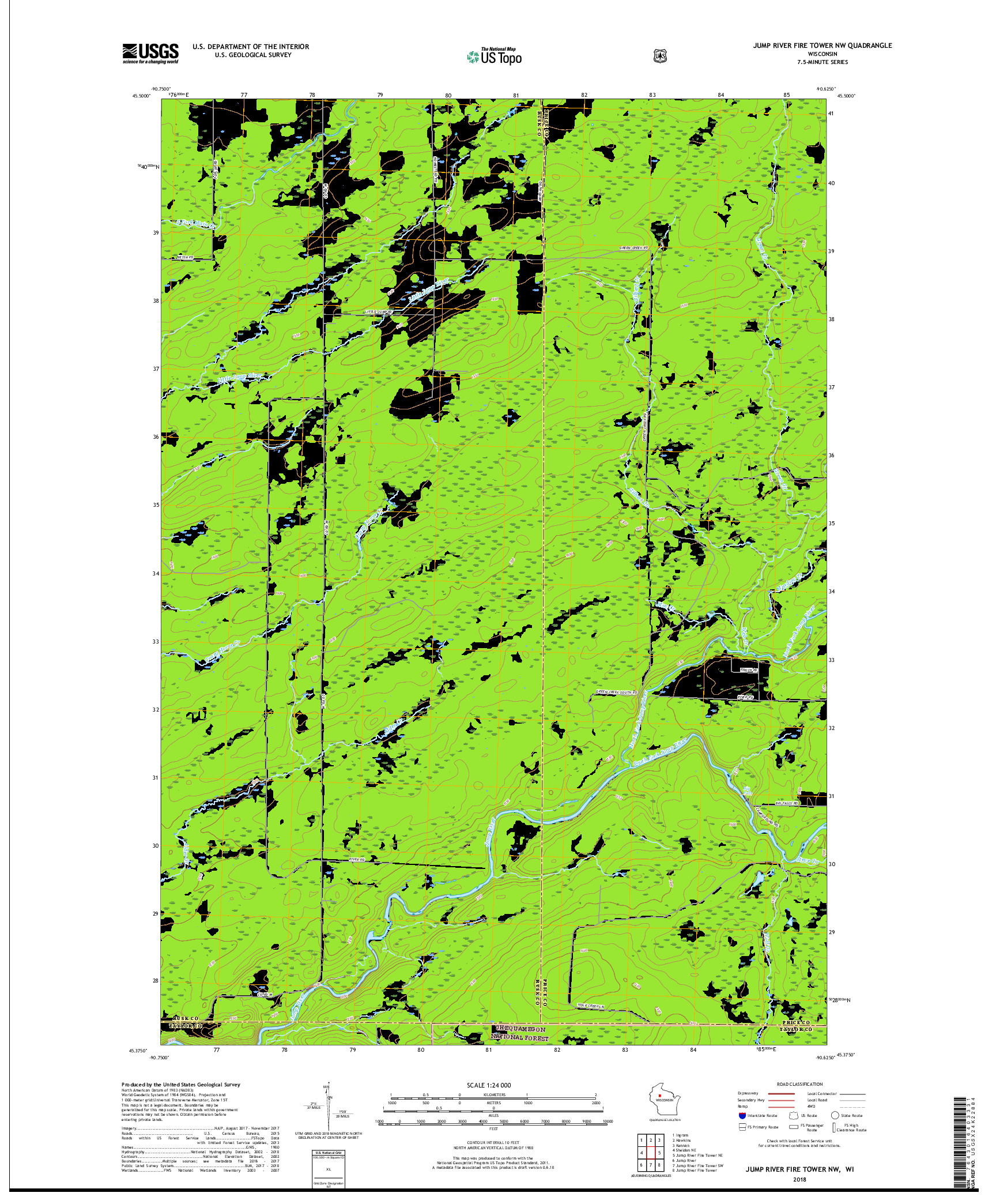 USGS US TOPO 7.5-MINUTE MAP FOR JUMP RIVER FIRE TOWER NW, WI 2018