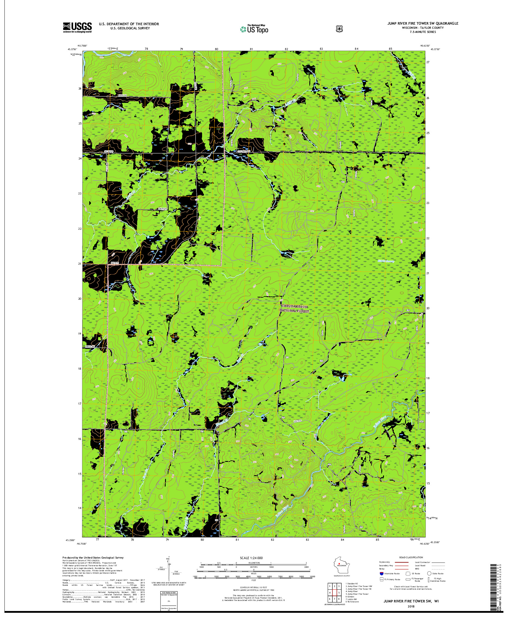 USGS US TOPO 7.5-MINUTE MAP FOR JUMP RIVER FIRE TOWER SW, WI 2018