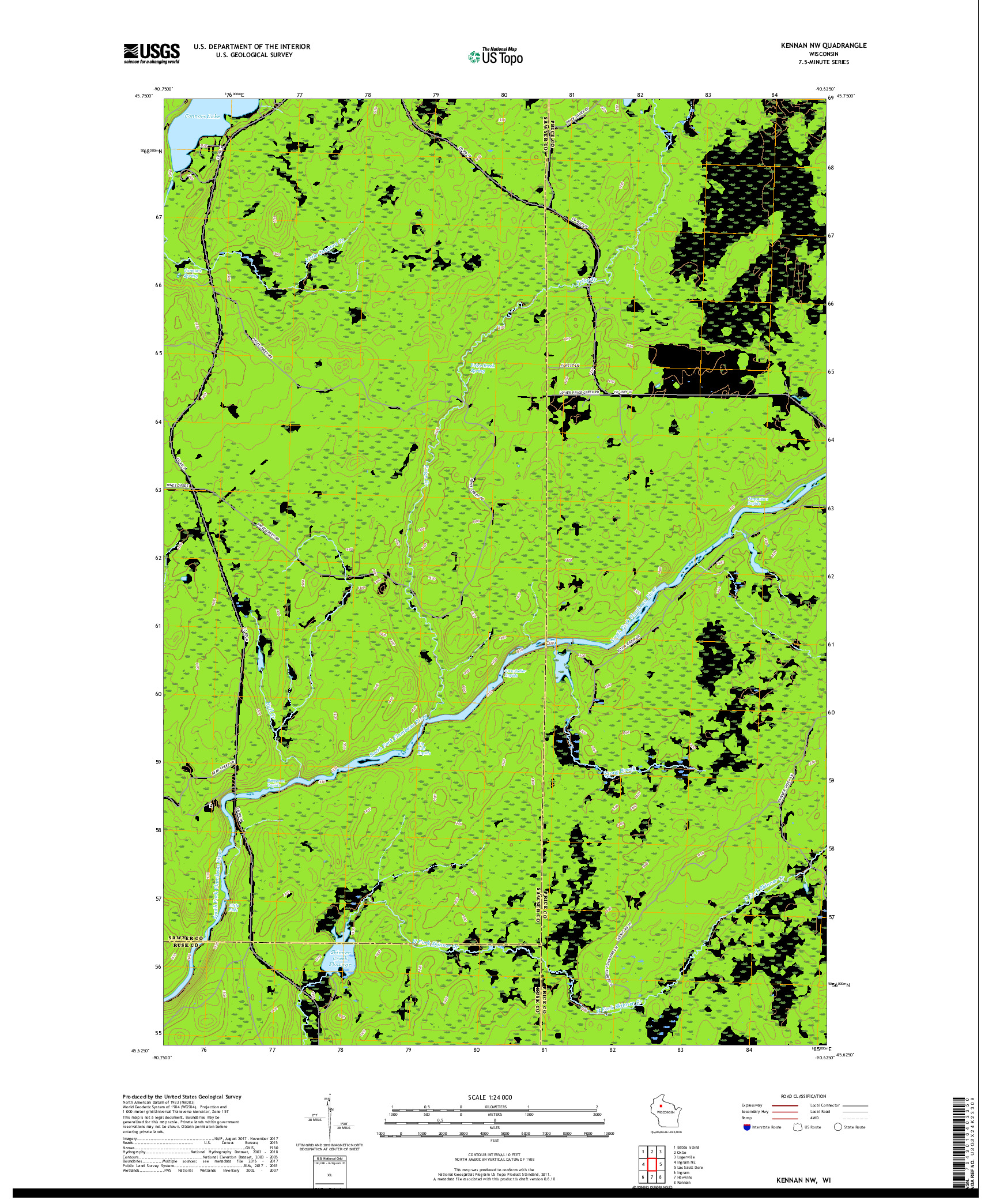 USGS US TOPO 7.5-MINUTE MAP FOR KENNAN NW, WI 2018