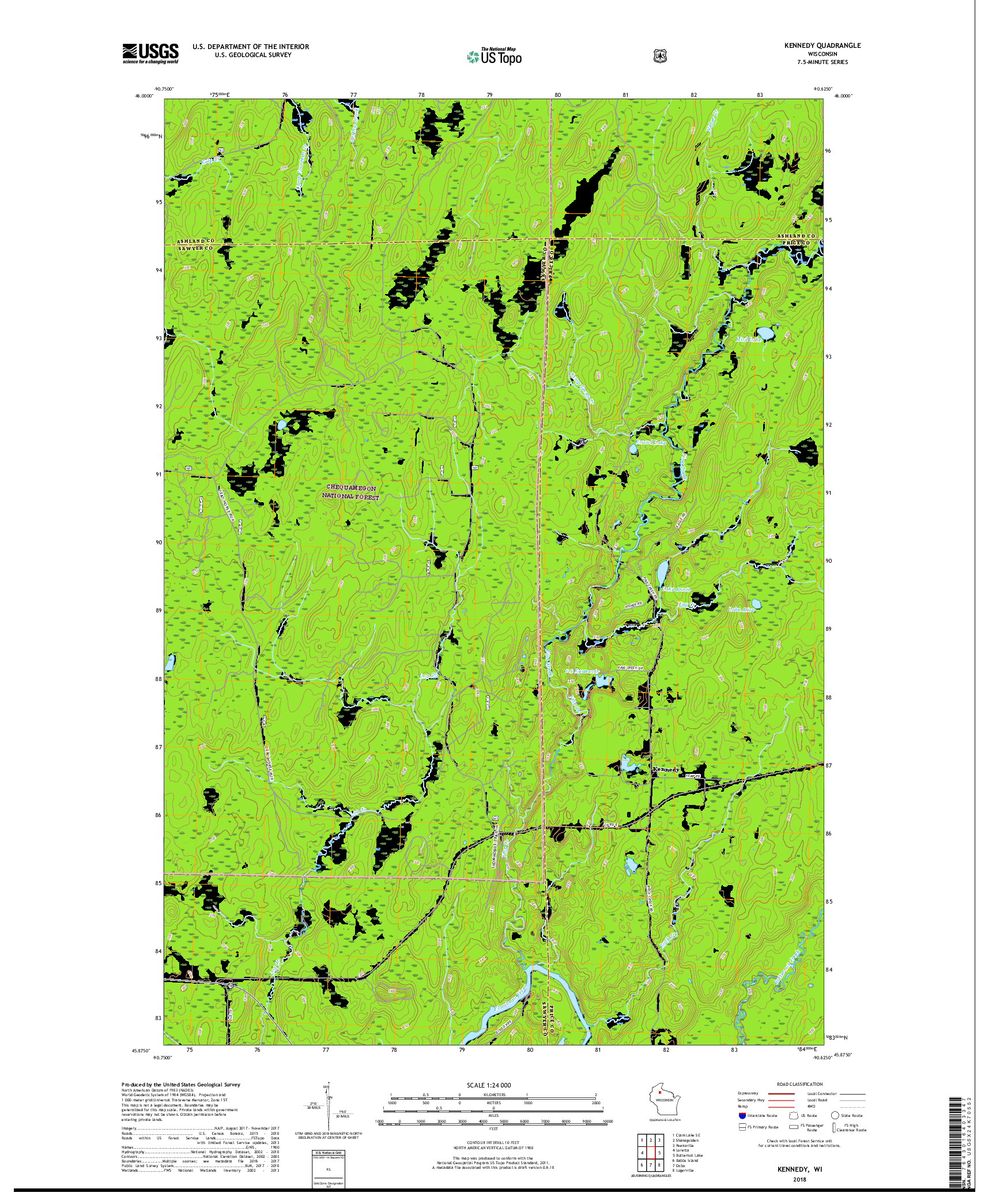 USGS US TOPO 7.5-MINUTE MAP FOR KENNEDY, WI 2018
