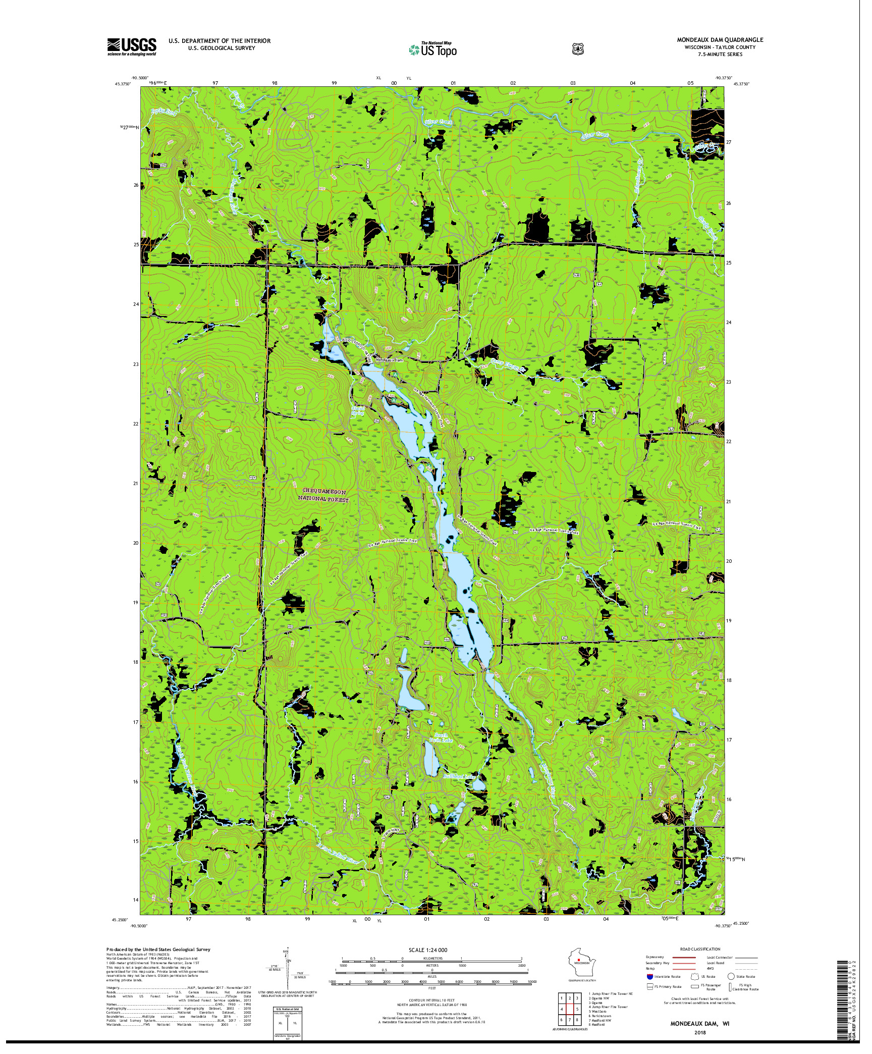 USGS US TOPO 7.5-MINUTE MAP FOR MONDEAUX DAM, WI 2018