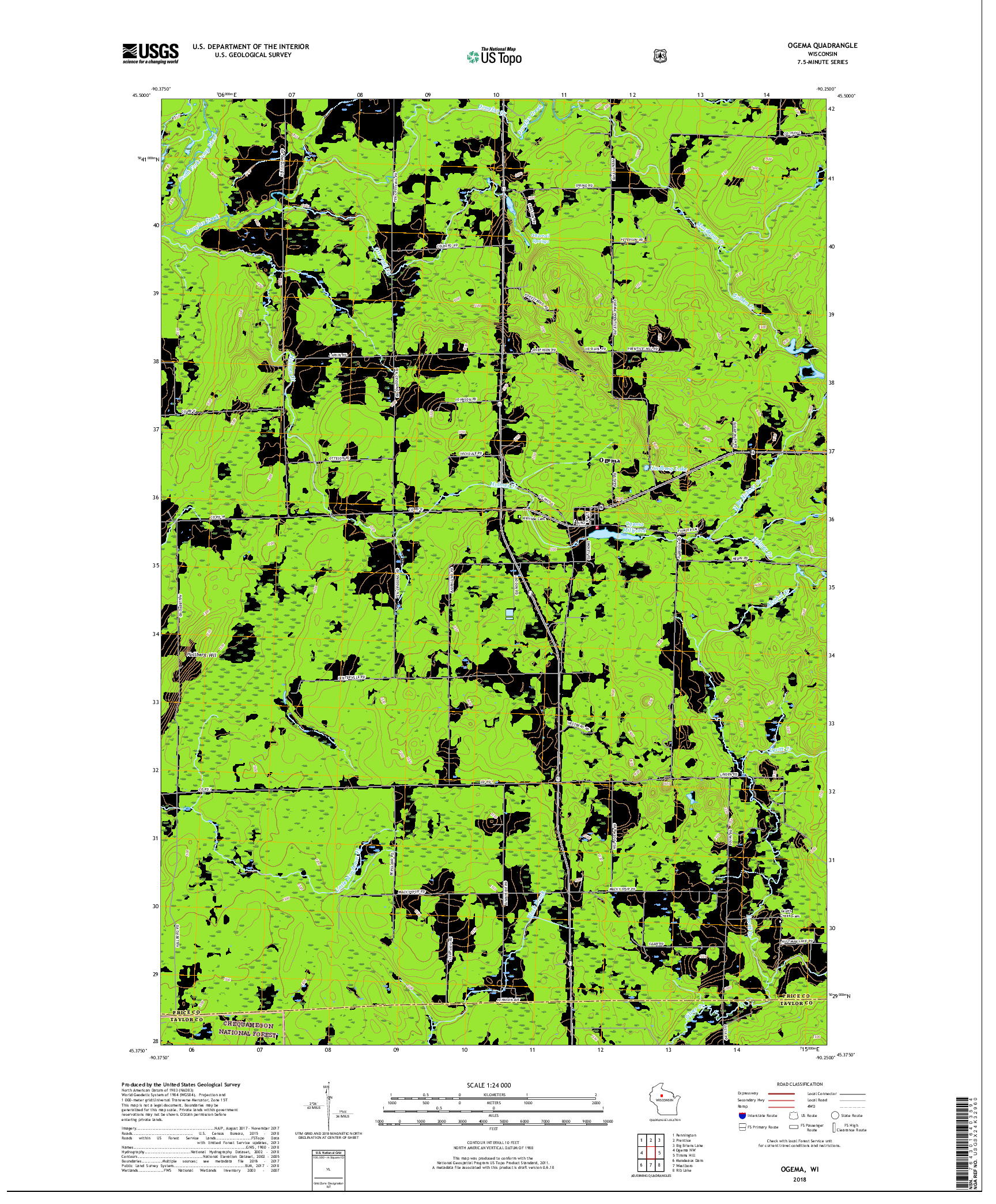 USGS US TOPO 7.5-MINUTE MAP FOR OGEMA, WI 2018