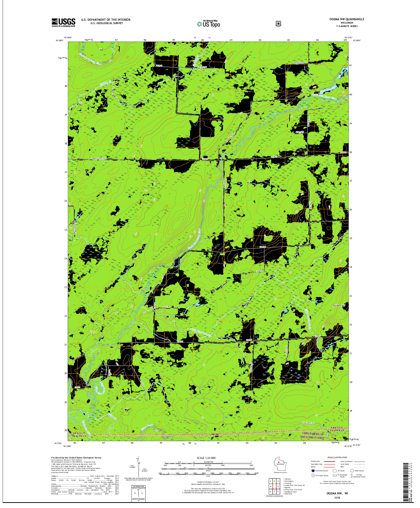 USGS US TOPO 7.5-MINUTE MAP FOR OGEMA NW, WI 2018