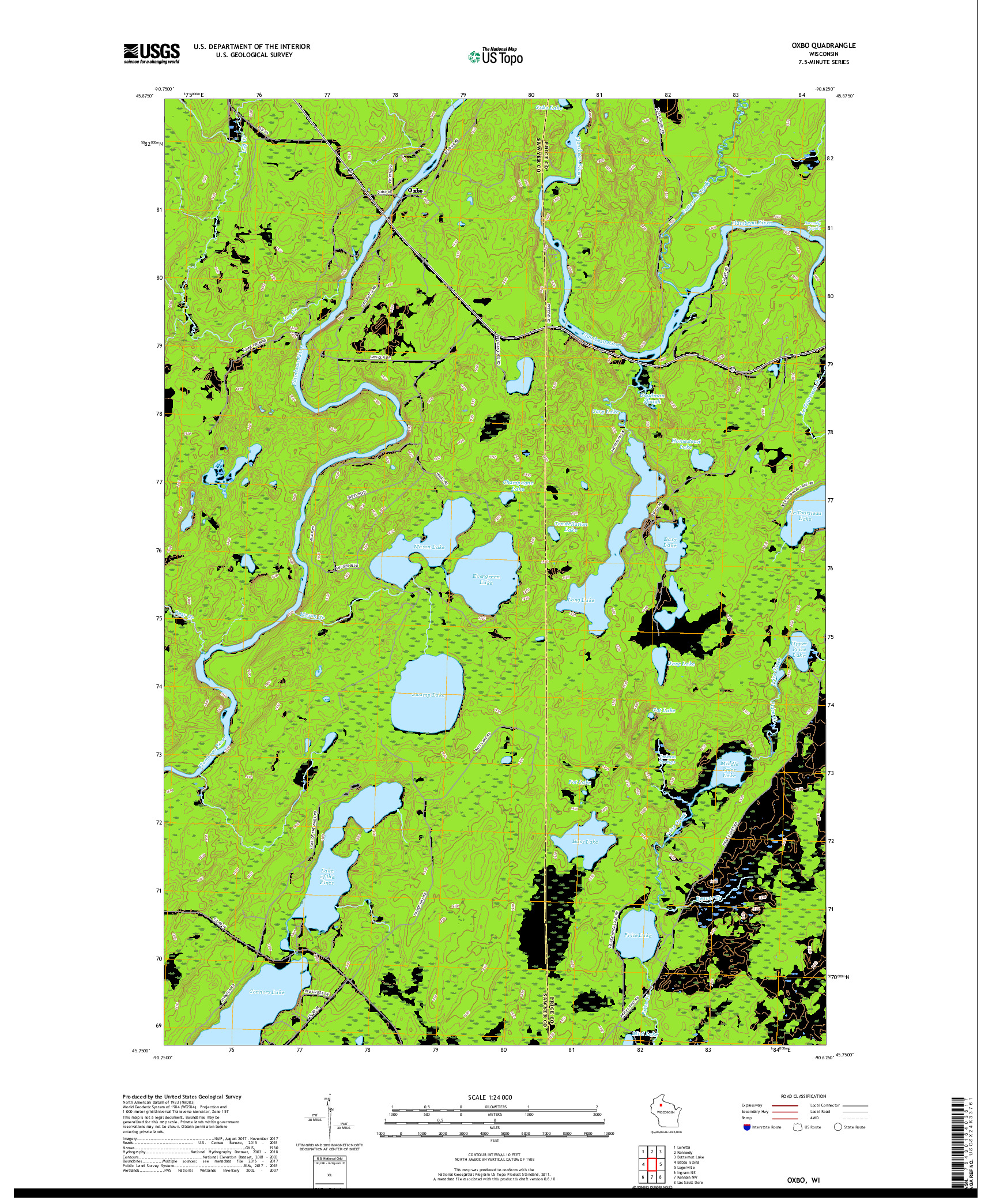 USGS US TOPO 7.5-MINUTE MAP FOR OXBO, WI 2018
