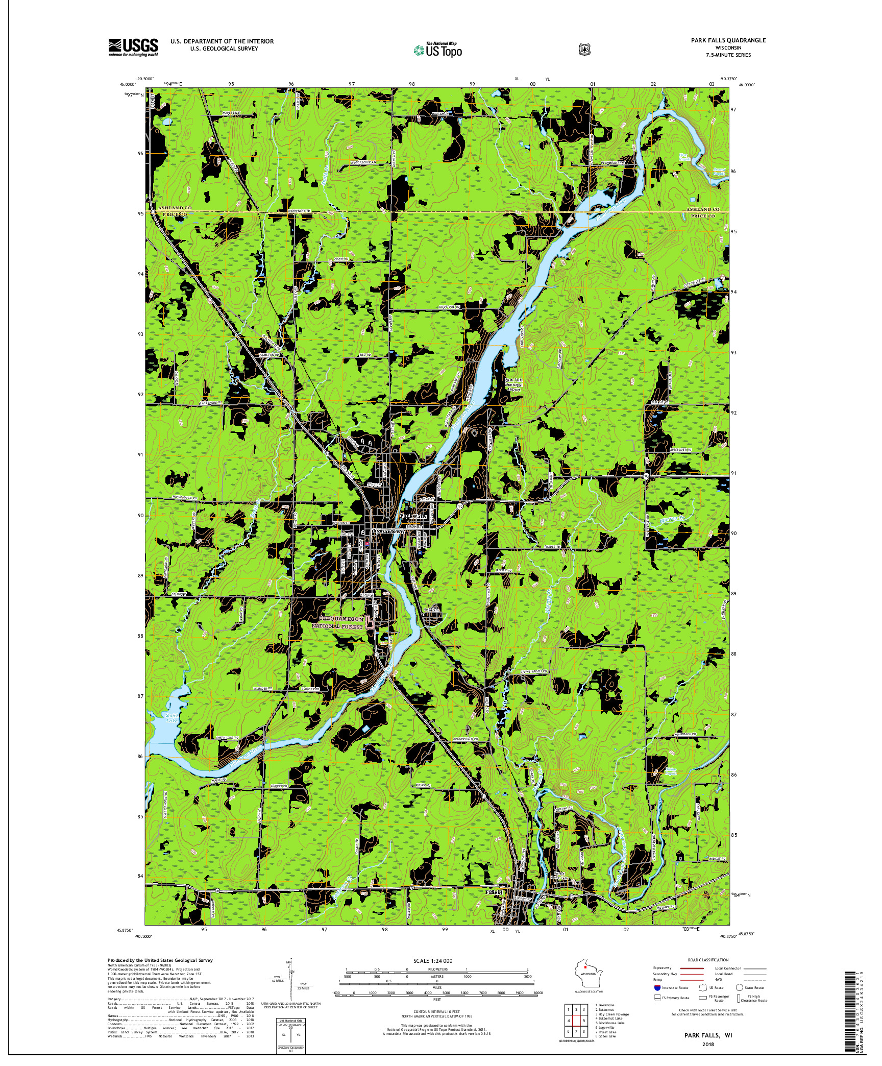 USGS US TOPO 7.5-MINUTE MAP FOR PARK FALLS, WI 2018