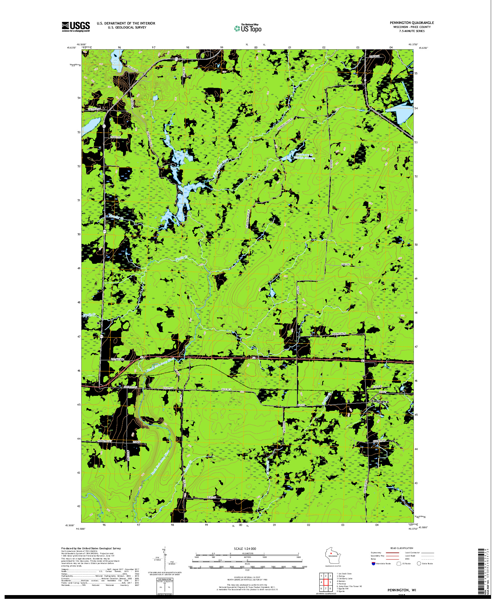 USGS US TOPO 7.5-MINUTE MAP FOR PENNINGTON, WI 2018