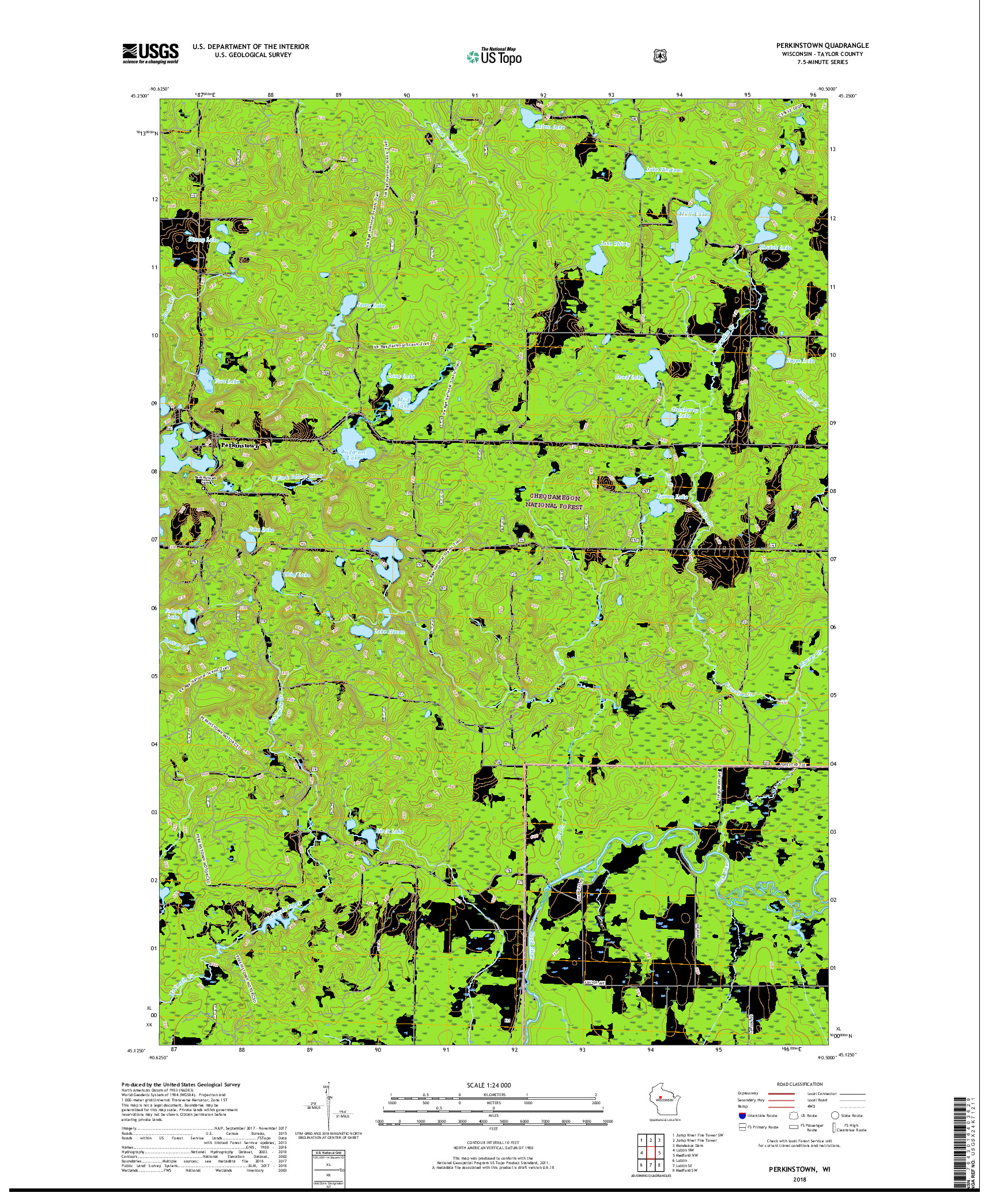 USGS US TOPO 7.5-MINUTE MAP FOR PERKINSTOWN, WI 2018