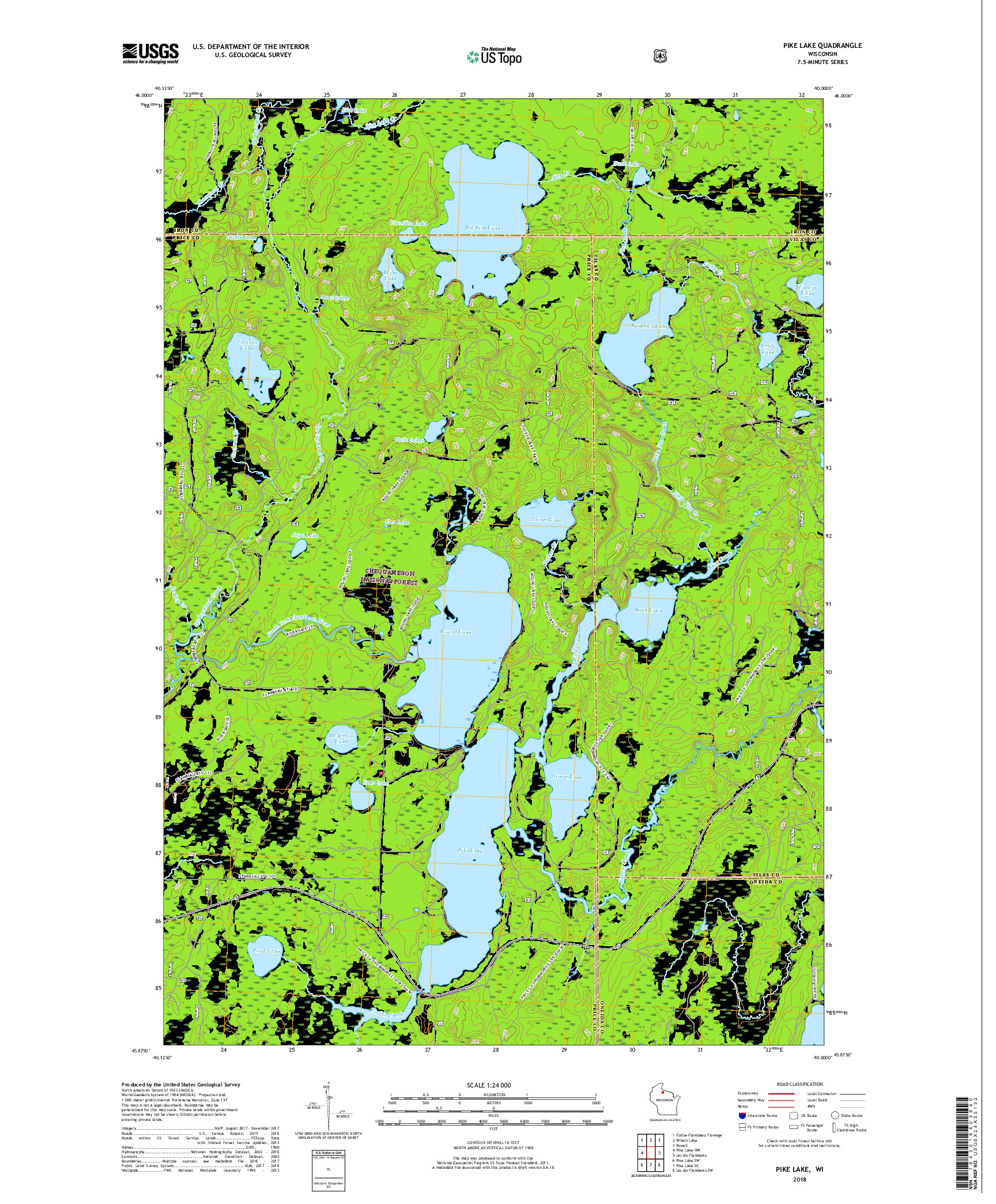 USGS US TOPO 7.5-MINUTE MAP FOR PIKE LAKE, WI 2018