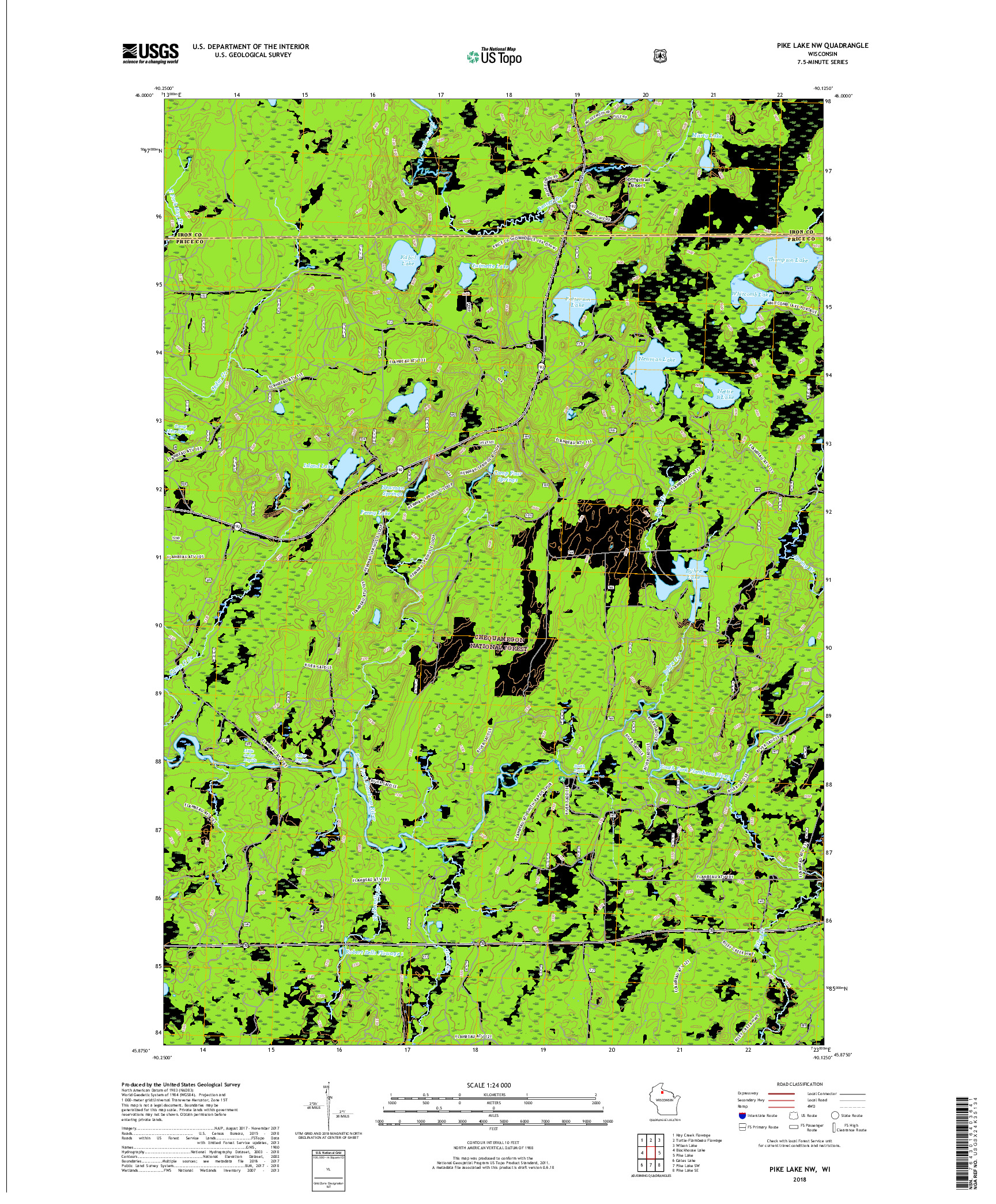 USGS US TOPO 7.5-MINUTE MAP FOR PIKE LAKE NW, WI 2018