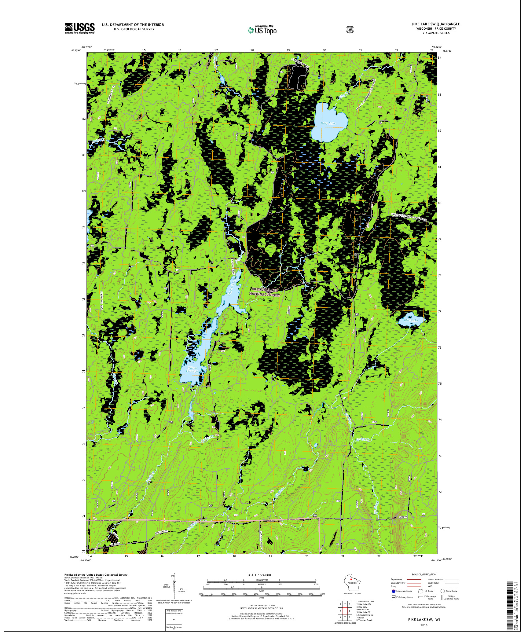 USGS US TOPO 7.5-MINUTE MAP FOR PIKE LAKE SW, WI 2018