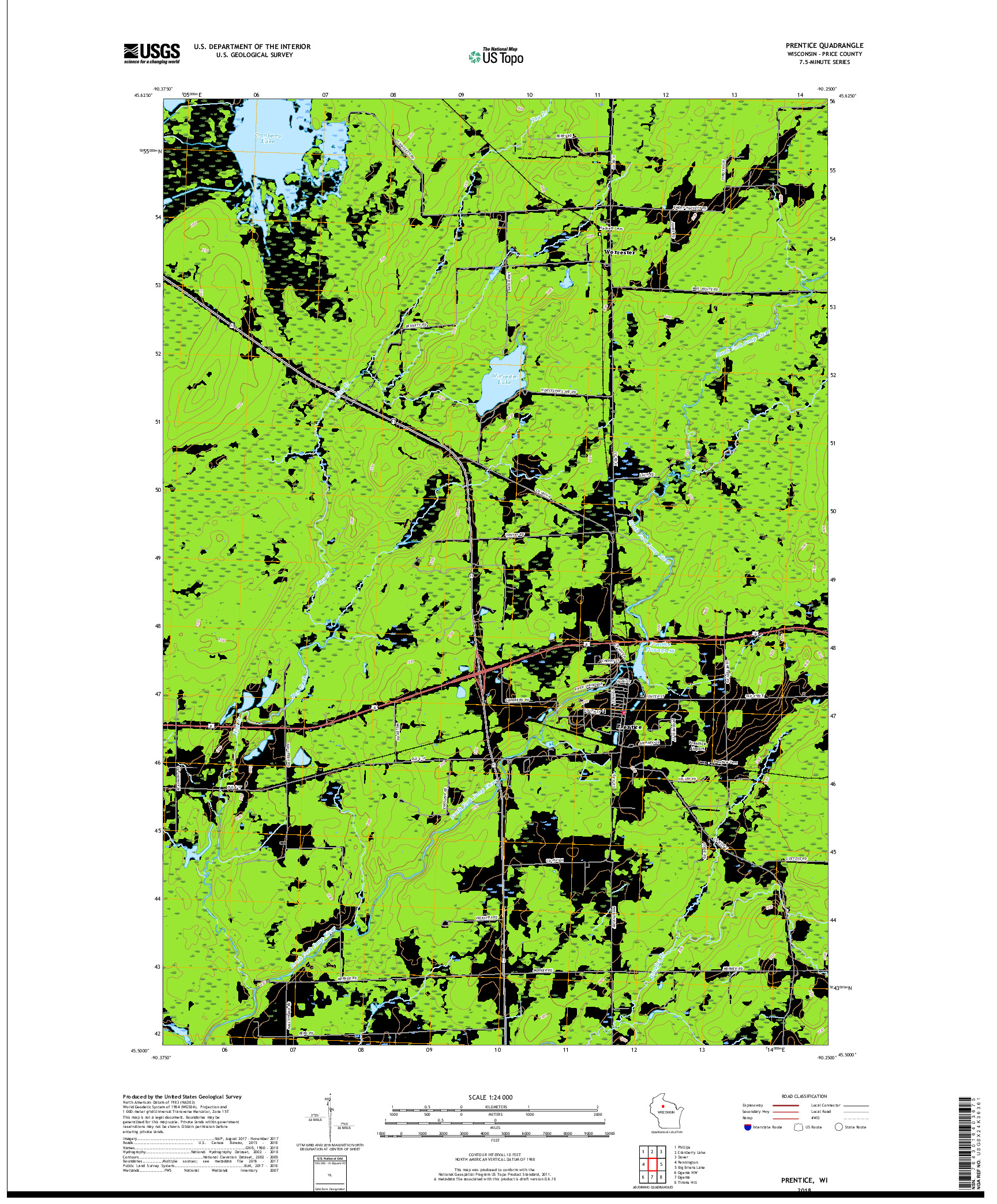 USGS US TOPO 7.5-MINUTE MAP FOR PRENTICE, WI 2018