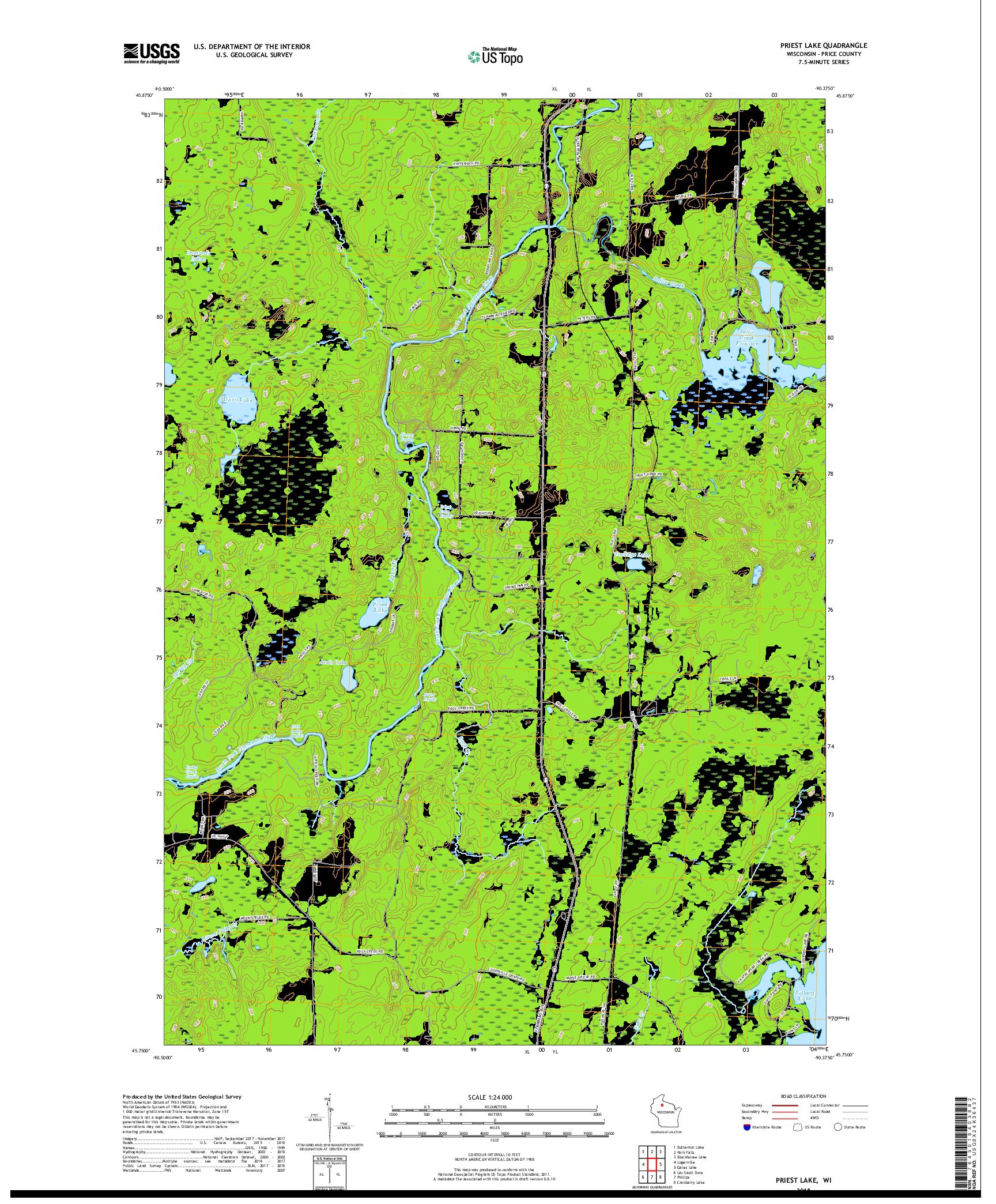 USGS US TOPO 7.5-MINUTE MAP FOR PRIEST LAKE, WI 2018
