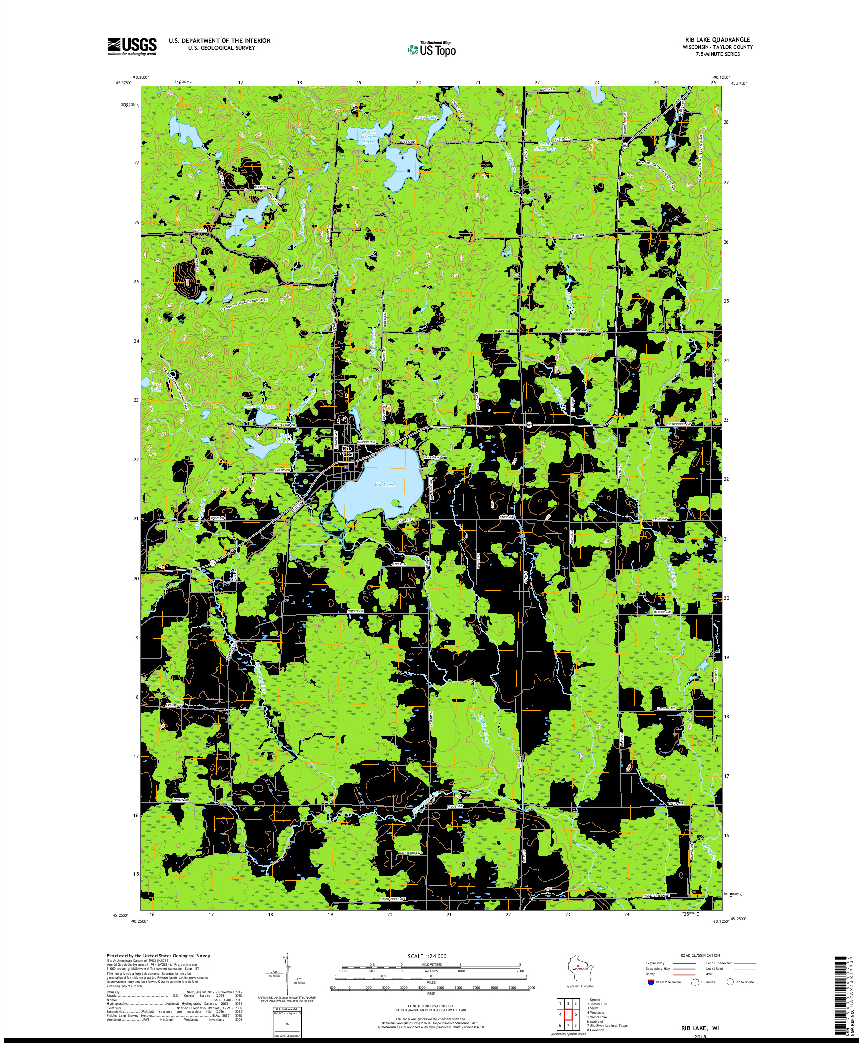 USGS US TOPO 7.5-MINUTE MAP FOR RIB LAKE, WI 2018